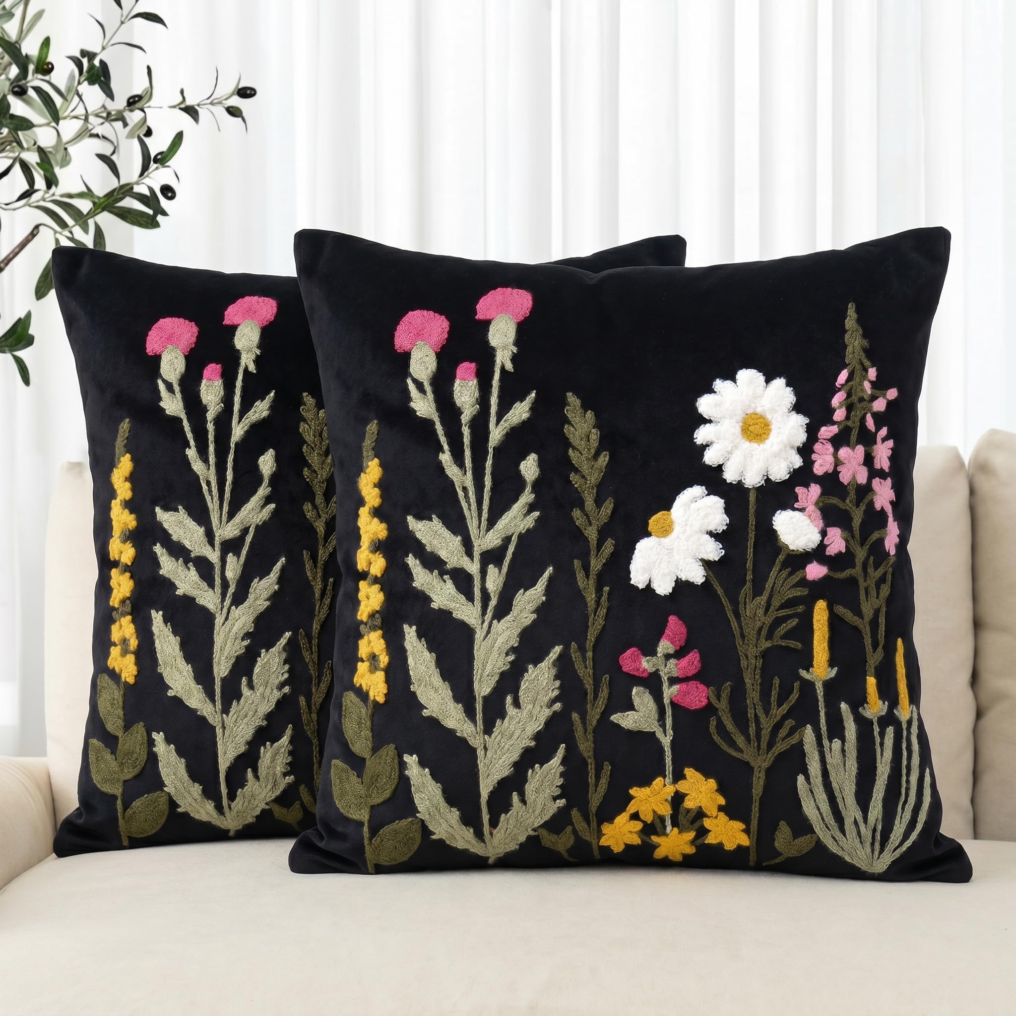 Artoid Mode Black Chain-stitch Flower Halloween Cushion Covers 45x45cm 2PCS