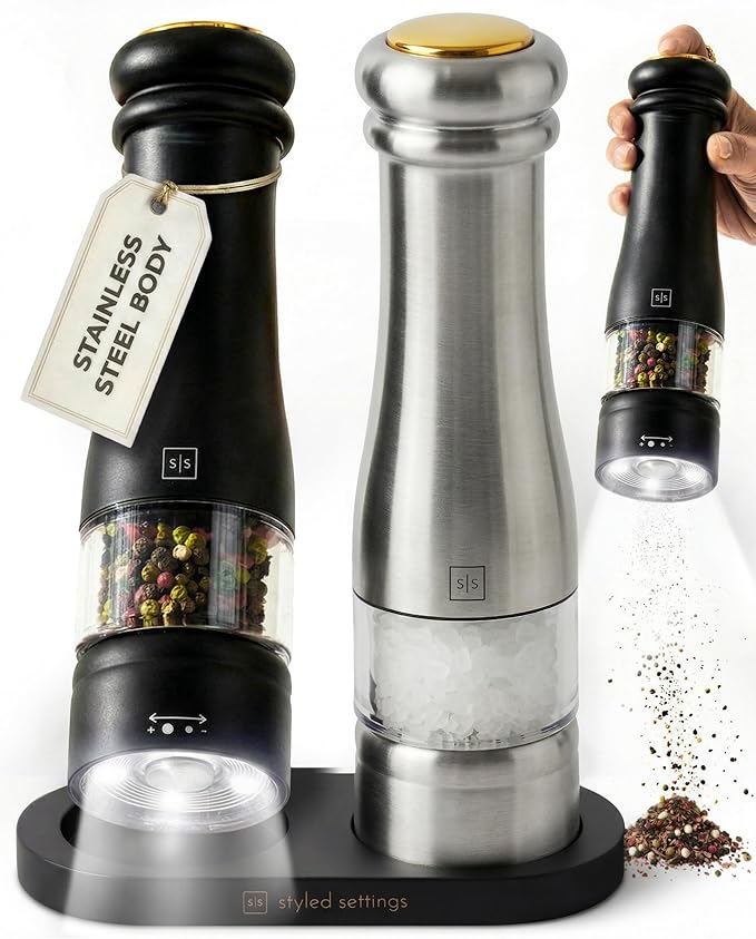 Electric Salt and Pepper Grinder Set - Styled Settings Stainless Steel Salt and Pepper Grinder Set with LED Light, Adjustable Coarseness, Battery Operated, Wood Base