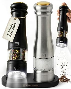 Electric Salt and Pepper Grinder Set - Styled Settings Electric Salt and Pepper Shakers, Automatic Stainless Steel Set with LED Light, Battery Operated, Adjustable Coarseness, Wood Base