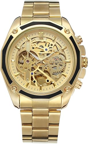 Miniatura 2 de FORSINING Reloj de esqueleto analógico automático para hombre con pulsera de acero inoxidable, Oro, Automático, reloj esqueleto