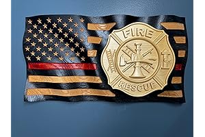 U&M Personalized Firefighter Thin Red Line Waving Solid Oak Flag