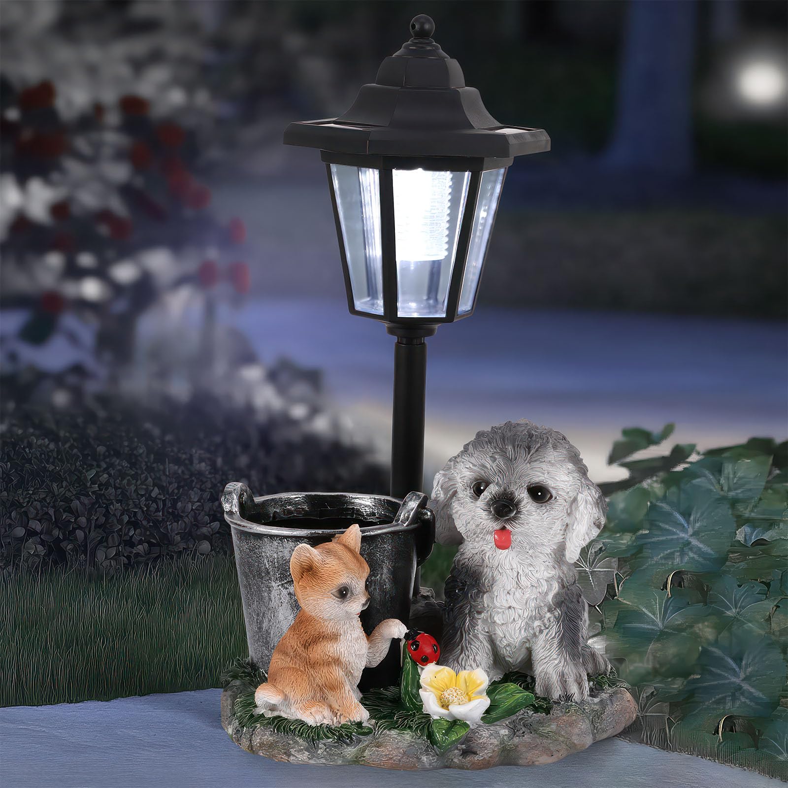 Estatuas de jardín para perros, decoración solar para exteriores, estatuas de jardín para perros, adornos con luces solares, estatua de decoración al aire libre, resistente al agua, linda