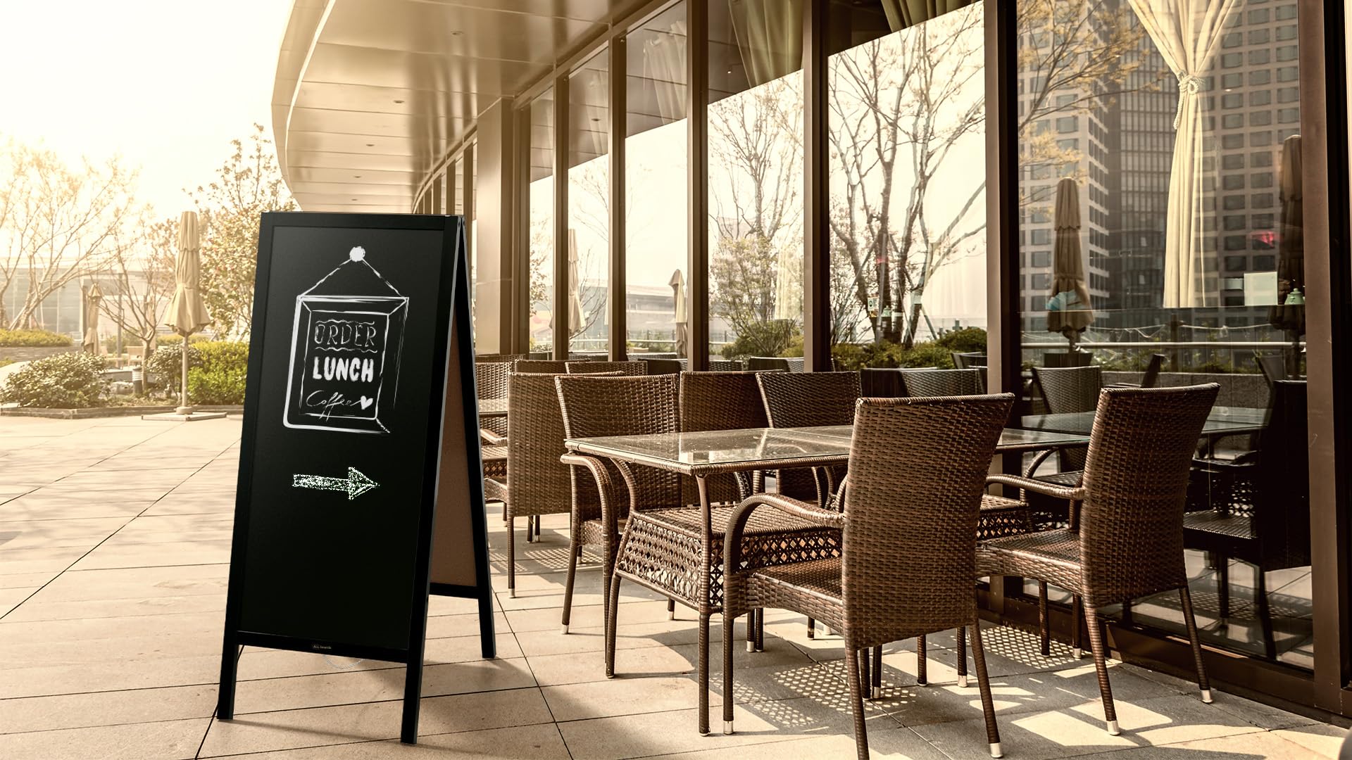 ALLboards Stopper per clienti con telaio in legno nero 150 x 61 cm, lavagna pubblicitaria, espositore per marciapiedi, cavaliere stradale, gesso
