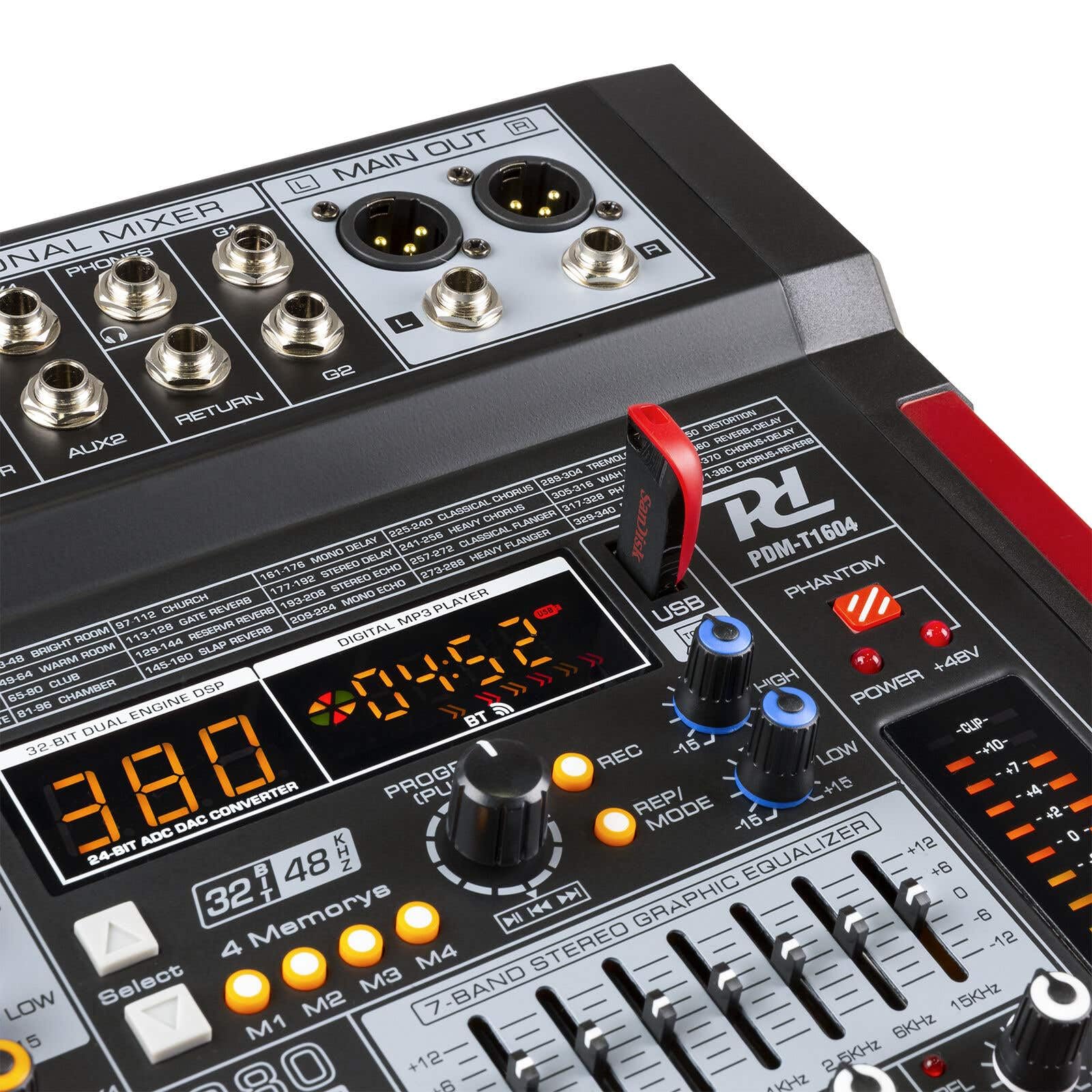 Power Dynamics PDM-T1604 Console de Mixage 16 Canaux - avec Streaming Bluetooth, Egaliseur Graphique 7 Bandes, MP3, Sortie USB, Sortie Casque Jack 6,35mm, Idéal pour Studio d'Enregistrement