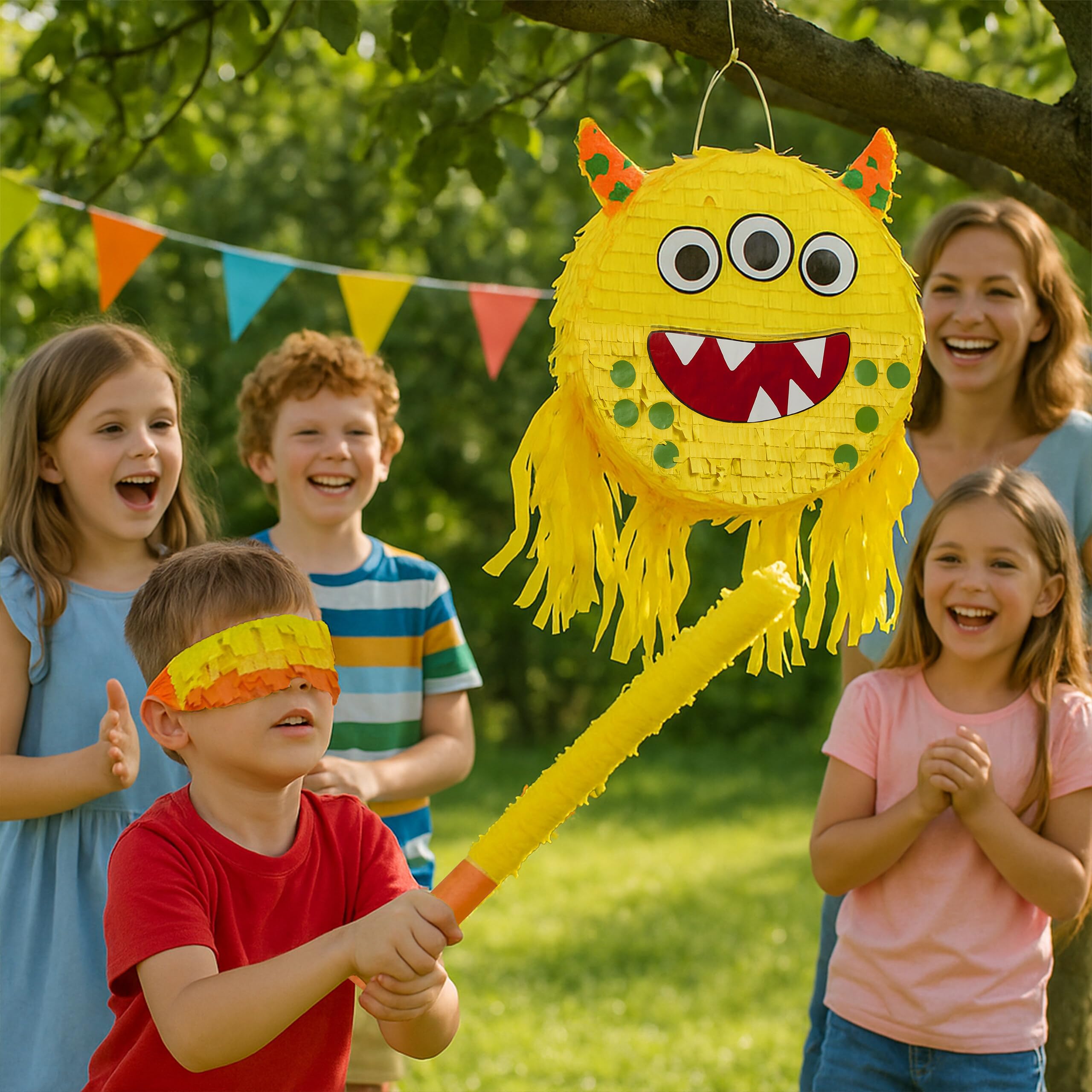 Relaxdays Piñata Mostro riempibile con Bastone e Maschera, 35x34x9 cm, Multicolore per Feste e Compleanni