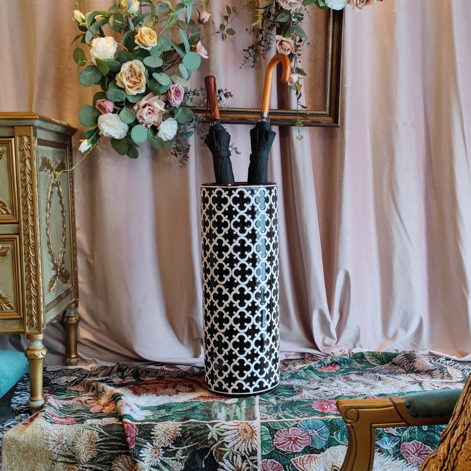 Porcelain Ceramic Umbrella Stand Holder Modern Style Floor Vase for Storage Canes Walking Sticks Golf Umbrella Mono-pods Tripod Bat Golf Club Gift Entryway Indoor 24" High Black&White - Image 8