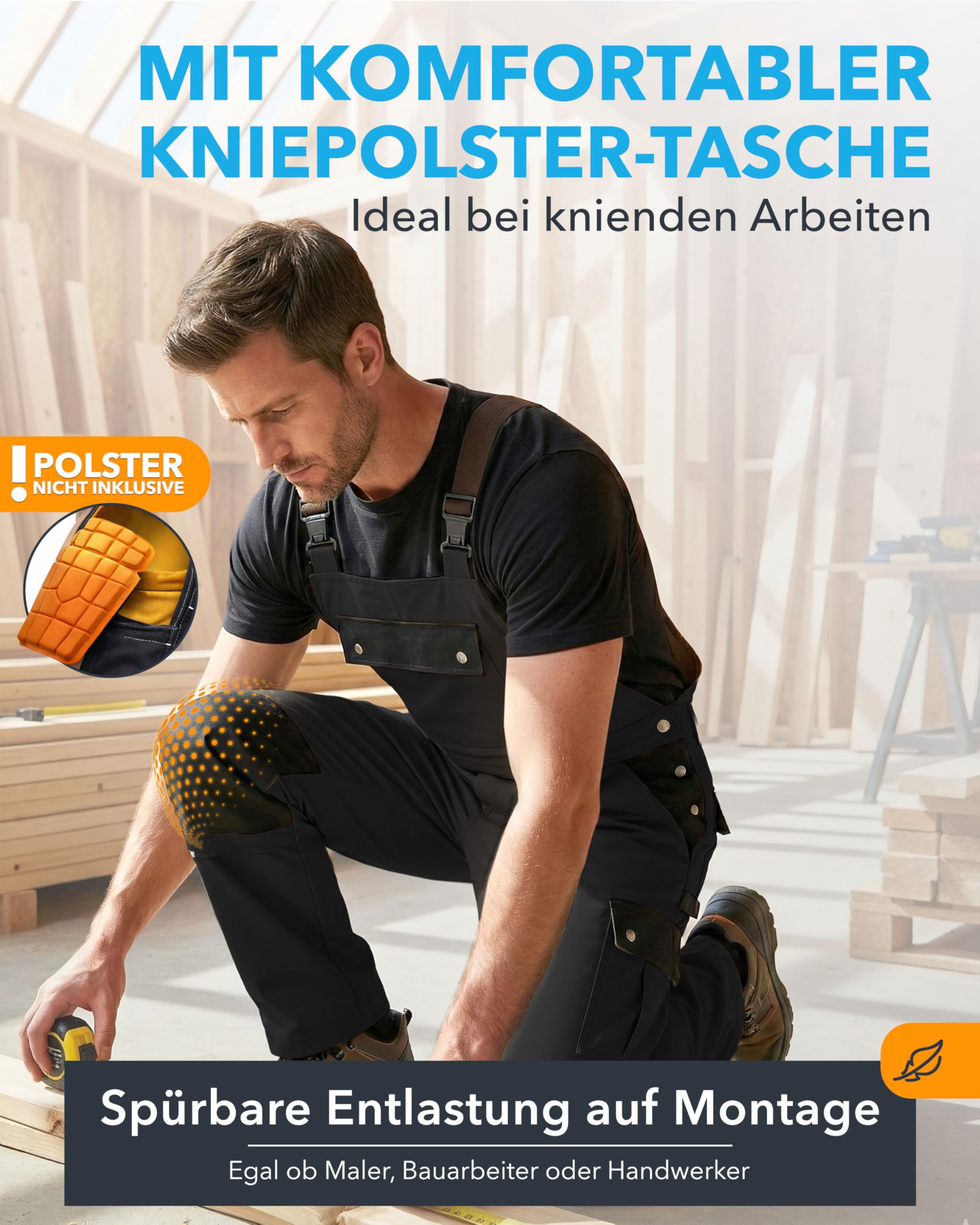 TMG® | Lange Arbeitslatzhose Herren, Schwarze Latzhose mit Kniepolstertaschen aus Cordura, viel Stauraum, robust