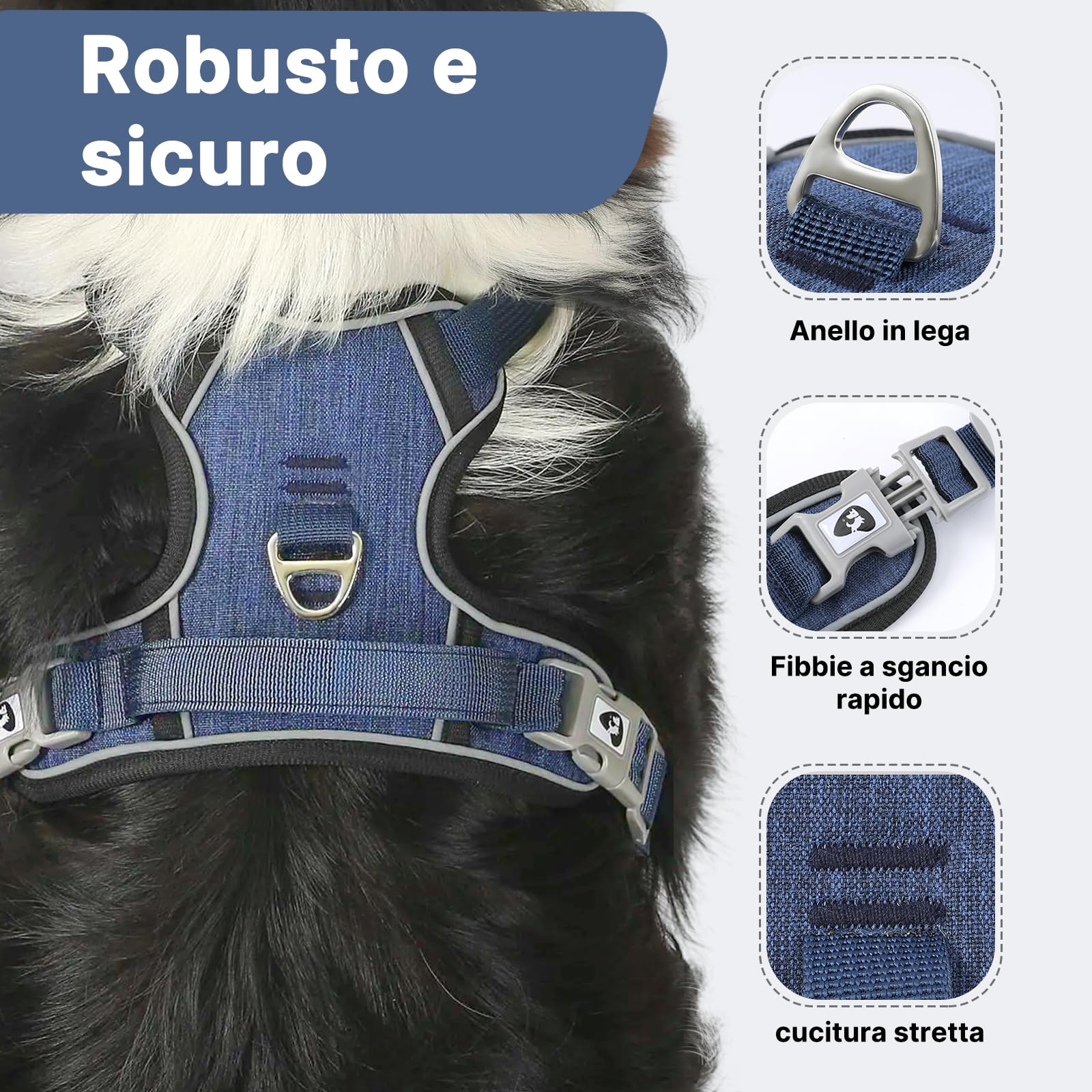 COMSLE Pettorina Cane Taglia Grande Media Piccola, Pettorina Cane ad h Riflettente, Pettorina Anti Tiro per Cani Regolabile con Doppio Anello, Imbracatura Cani Traspirante, Blu Scuro, M