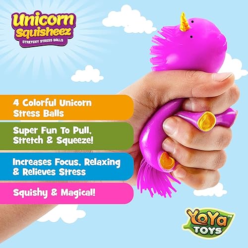 Miniatura 3 de YoYa Toys Unicorn Squisheez - Pelotas esponjosas para aliviar el estrés (juego de 4) Juguetes mágicos elásticos para niños, niñas y adultos Lindo