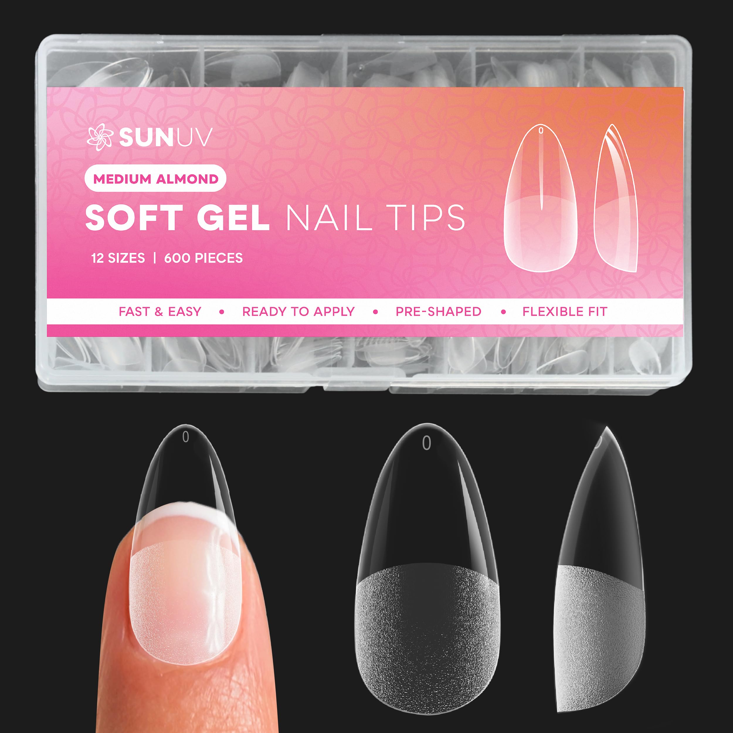 SUNUV Medium Almond Nail Tips 600 PCS Pre-shaped Full Cover Fake Nails Acrylic Press On Nails for Salon and DIY at Home
