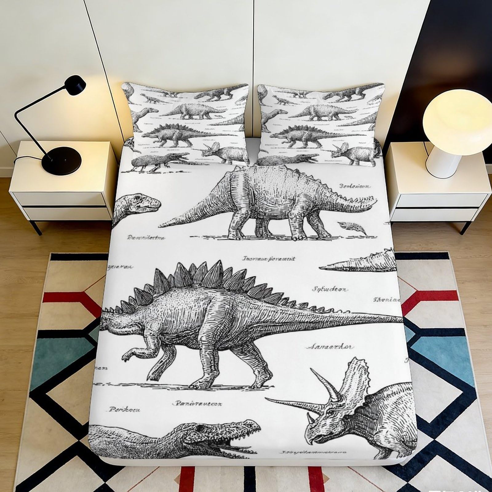 3D Printed Dinosaur Pattern Fitted Sheet Microfiber Soft Breathable Prehistoric Bed Cover for Bedroom Dormitory Guest Room Mattress Protection 180x200x25cm
