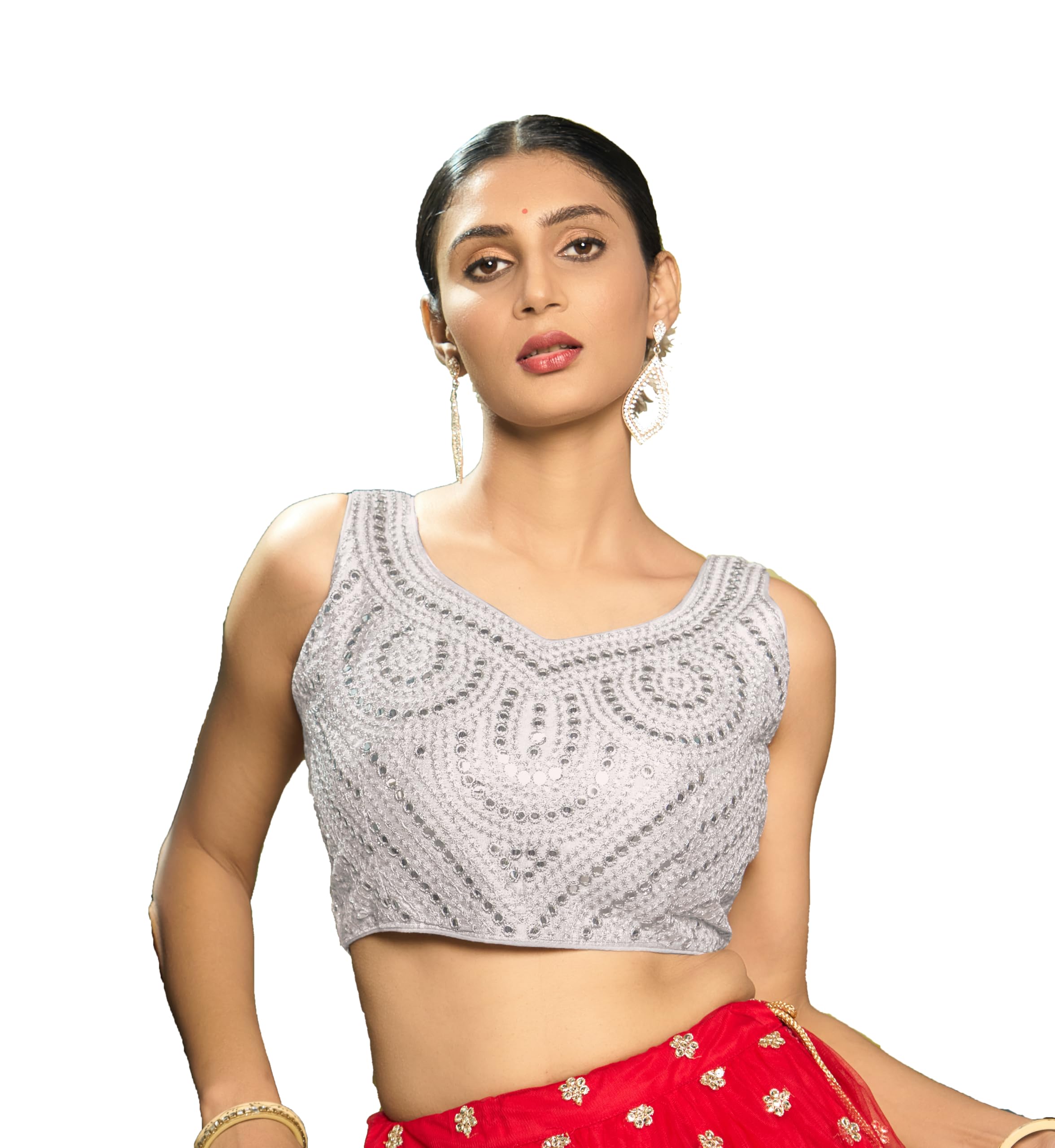 Pujia MillsFancy Women's foil Mirror and Thread Zari Work Sweetheart Neck Silk Sleeveless Blouse (PC Bindi Foil Parent) (White-Silver Zari, 38)