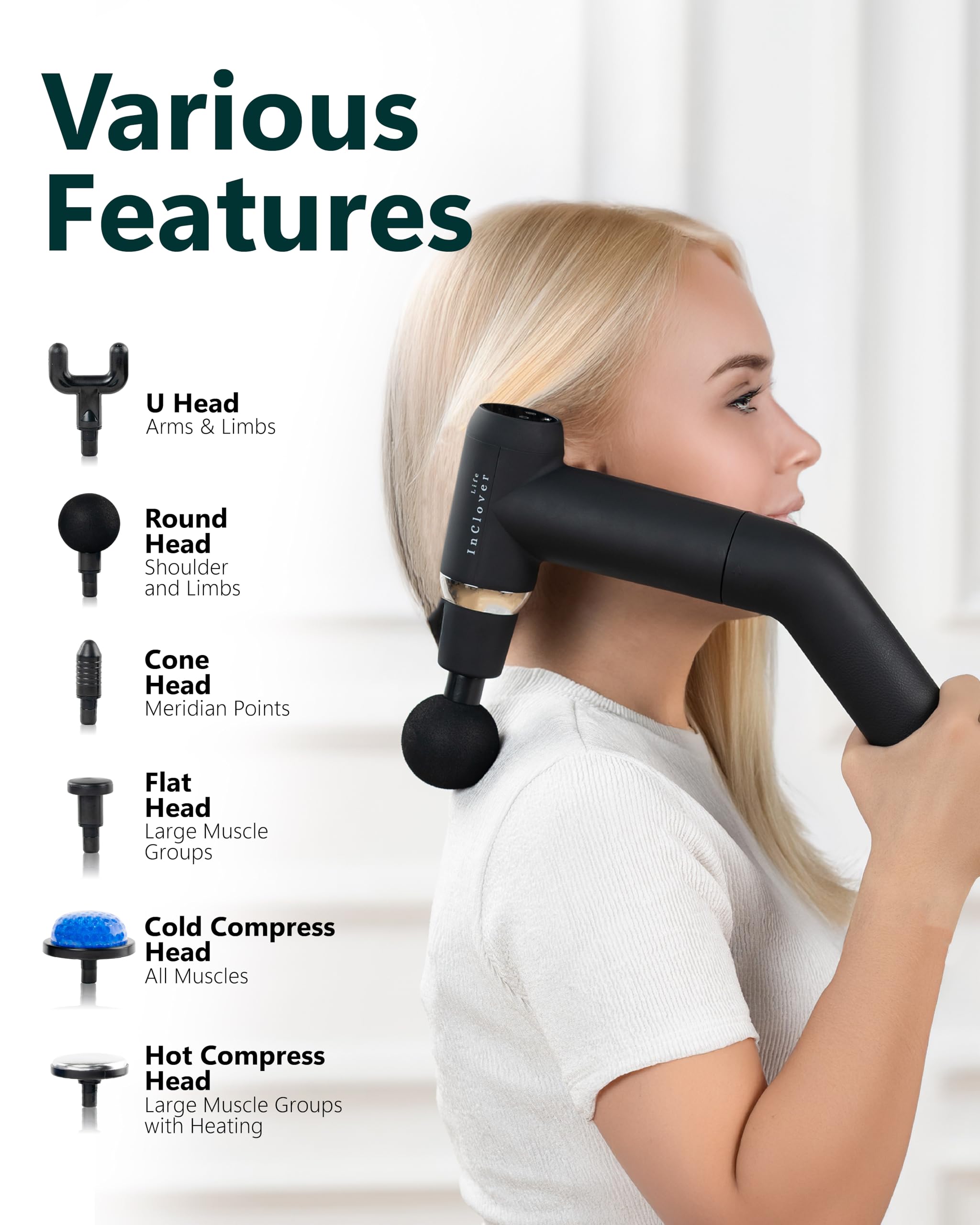 Massage Gun with Detachable Extension Handle for Deep Tissue Muscle Massage – Handheld Back & Shoulder Percussion Heated Massager for Men & Women. Professional Pain Relief Massage Tool.