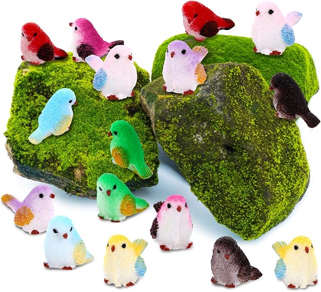 Cobee Cute Miniature Bird Figurines, 16 Pieces Realistic Mini Bird Playset Bird Decorative Figurines Animal Model Ornament for Dollhouse Fairy Garden Home Decor Party Favor