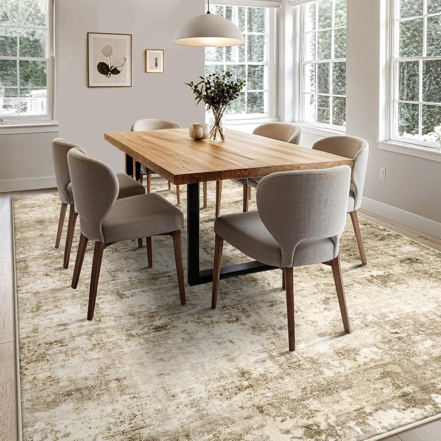 6x9 Machine Washable Area Rug for Living Room, Brown Modern Vintage Abstract Rug Large Non-Slip Low Pile Soft Faux Wool Carpet, Kids and Pets Friendly for Bedroom Dining Room Farmhouse Home Decor Rug