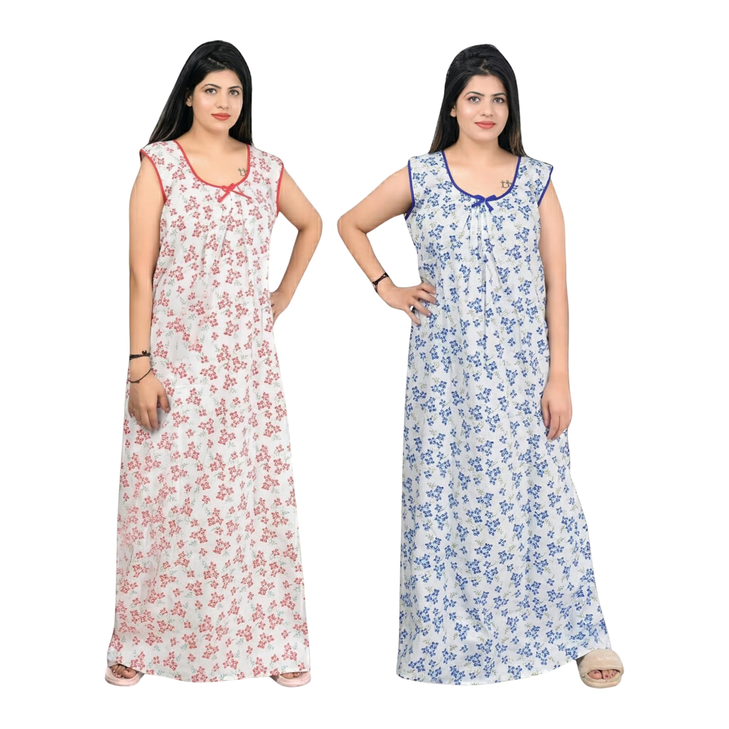 magnen Pure Cotton Maxi Floral Print Floor Length Sleeveless Nighty Dresses for Women's (Pack of 2)-picture-31