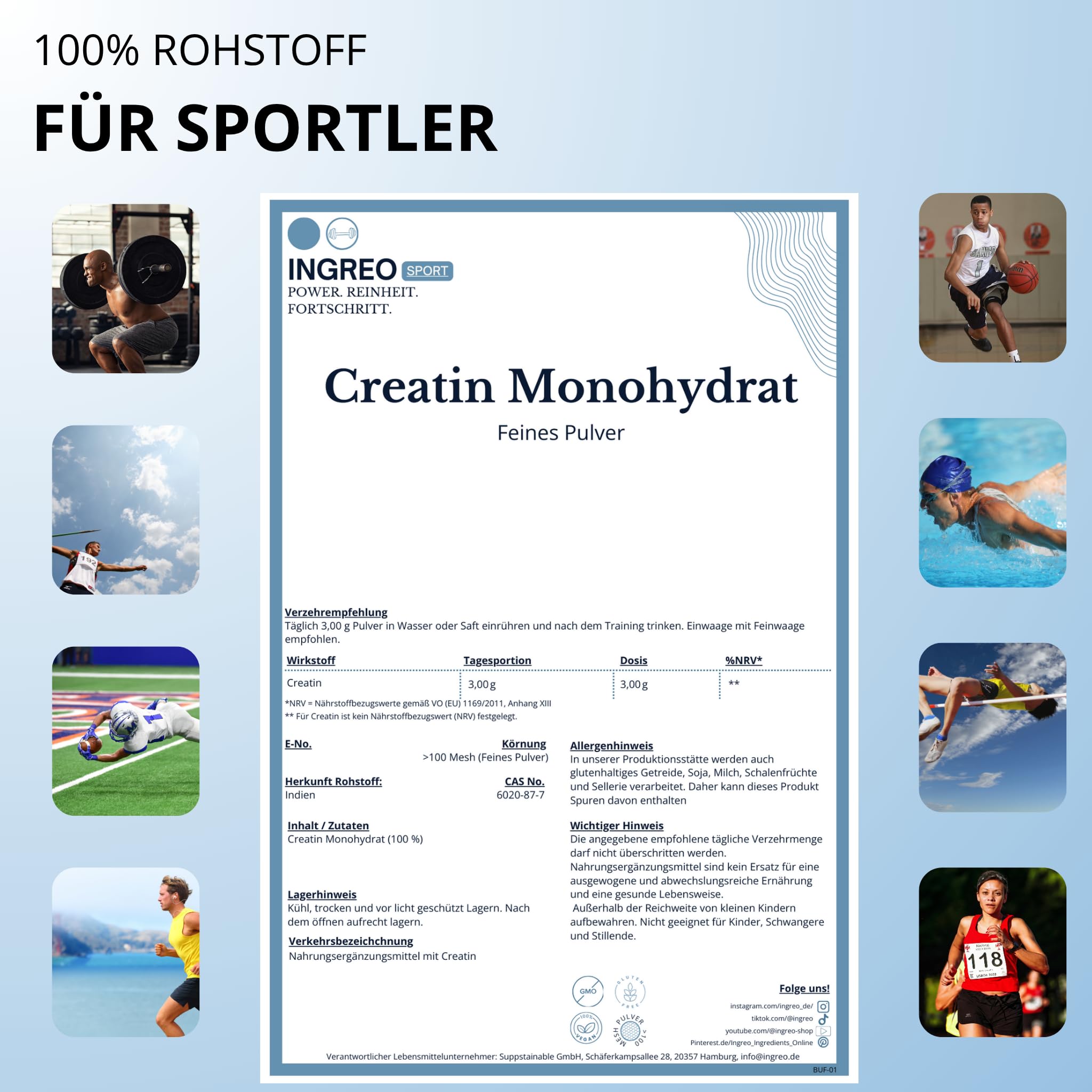 Feines Creatin Monohydrat 1kg Pulver reines Kreatin mikronisierter Qualität Mesh 200 optimal hochdosiert 100% vegan von INGREO Pro (1000g) (25kg)