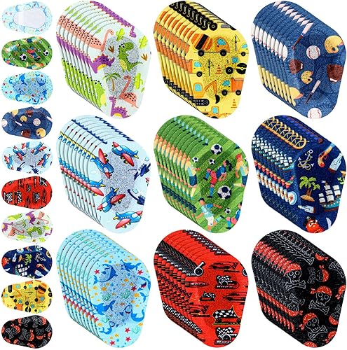 90 parches adhesivos para los ojos para niños, 9 estilos, parches para los ojos sin látex, almohadilla para los ojos a granel, bloqueo de luz,