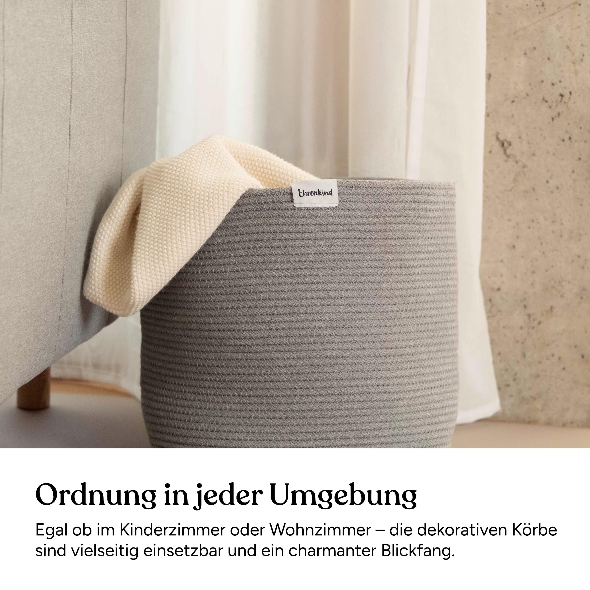 Ehrenkind® Aufbewahrungskorb – Spielzeugkorb für Kinder | In 3 Größen & Farben | Robustes Seilmaterial | Ideal als Wäschekorb oder Spielzeugaufbewahrung | 32x32 cm | Beige