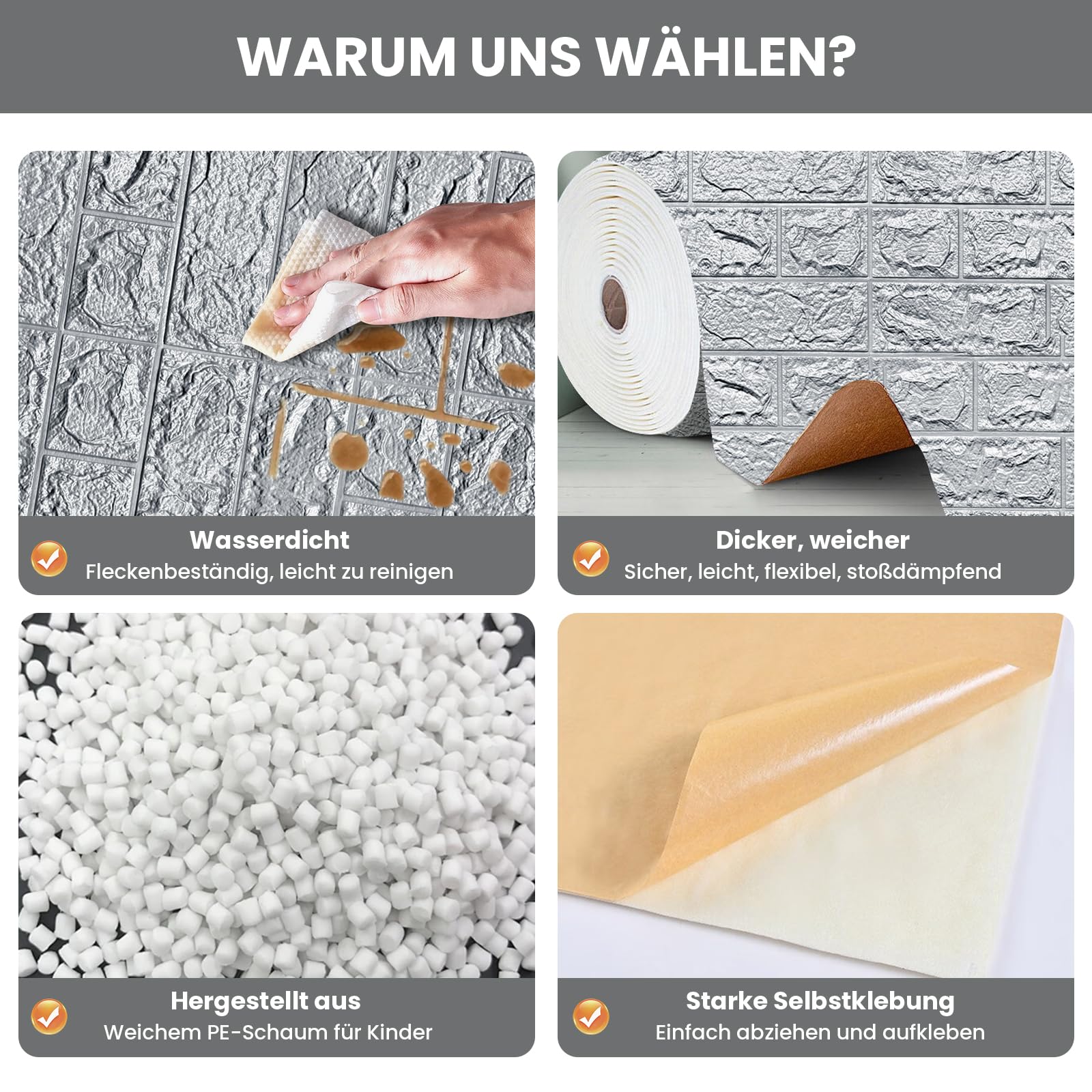 3D Wandpaneele Selbstklebend 70 cm x 10 M - Tapete Steinoptik Tapete Ziegel, Wasserdicht Wandaufkleber Ziegelstein, Wandtapete für Küche Schlafzimmer, Hintergrund TV (Grau, 10 M)