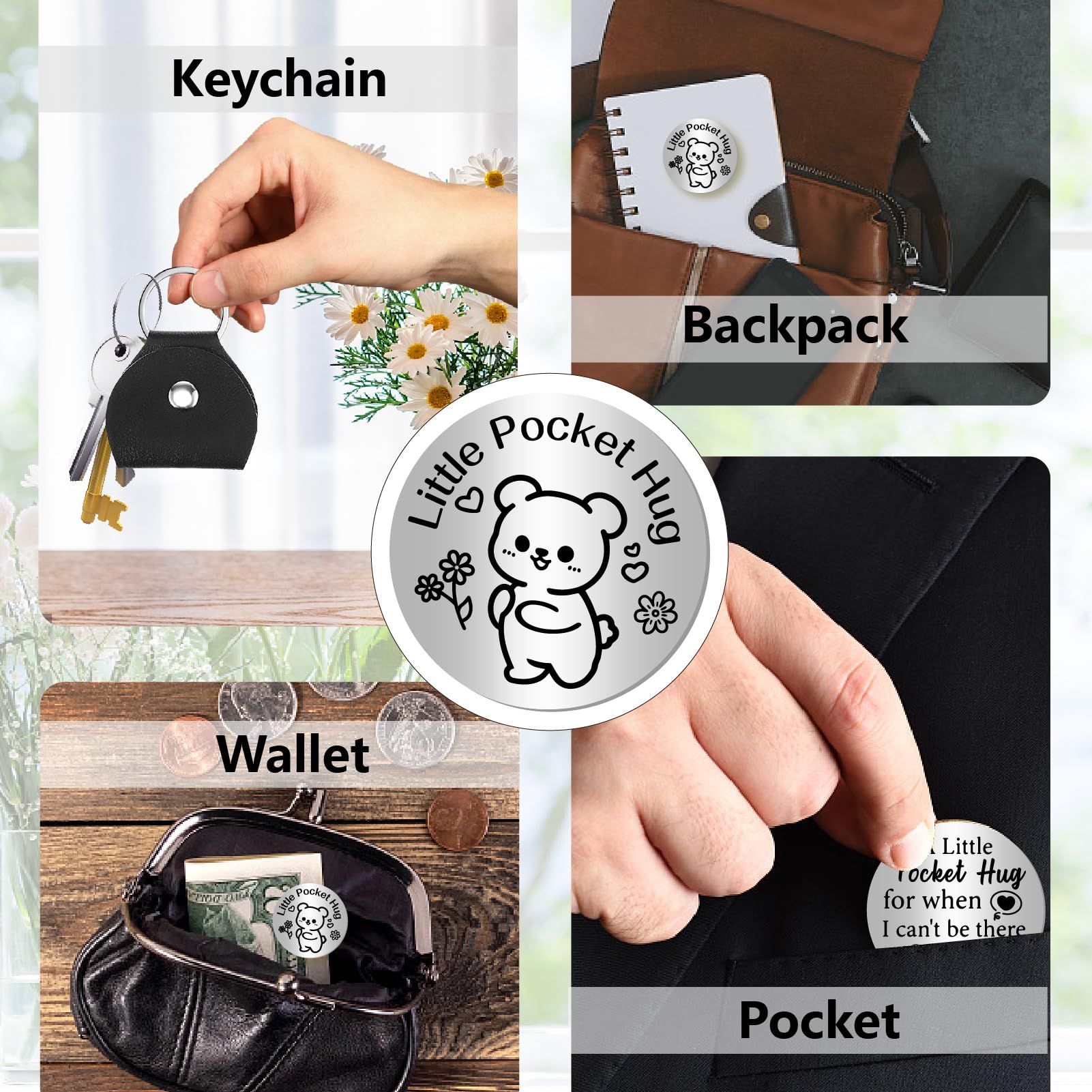 CREATCABIN Jeton de Câlin de Poche Jeton Souvenir de Relation Longue Distance Gravé Double Face Signe de Pièce de Monnaie avec Porte-Clés en Cuir pour Cadeau D'Encouragement Amies Sœurs 3x3cm
