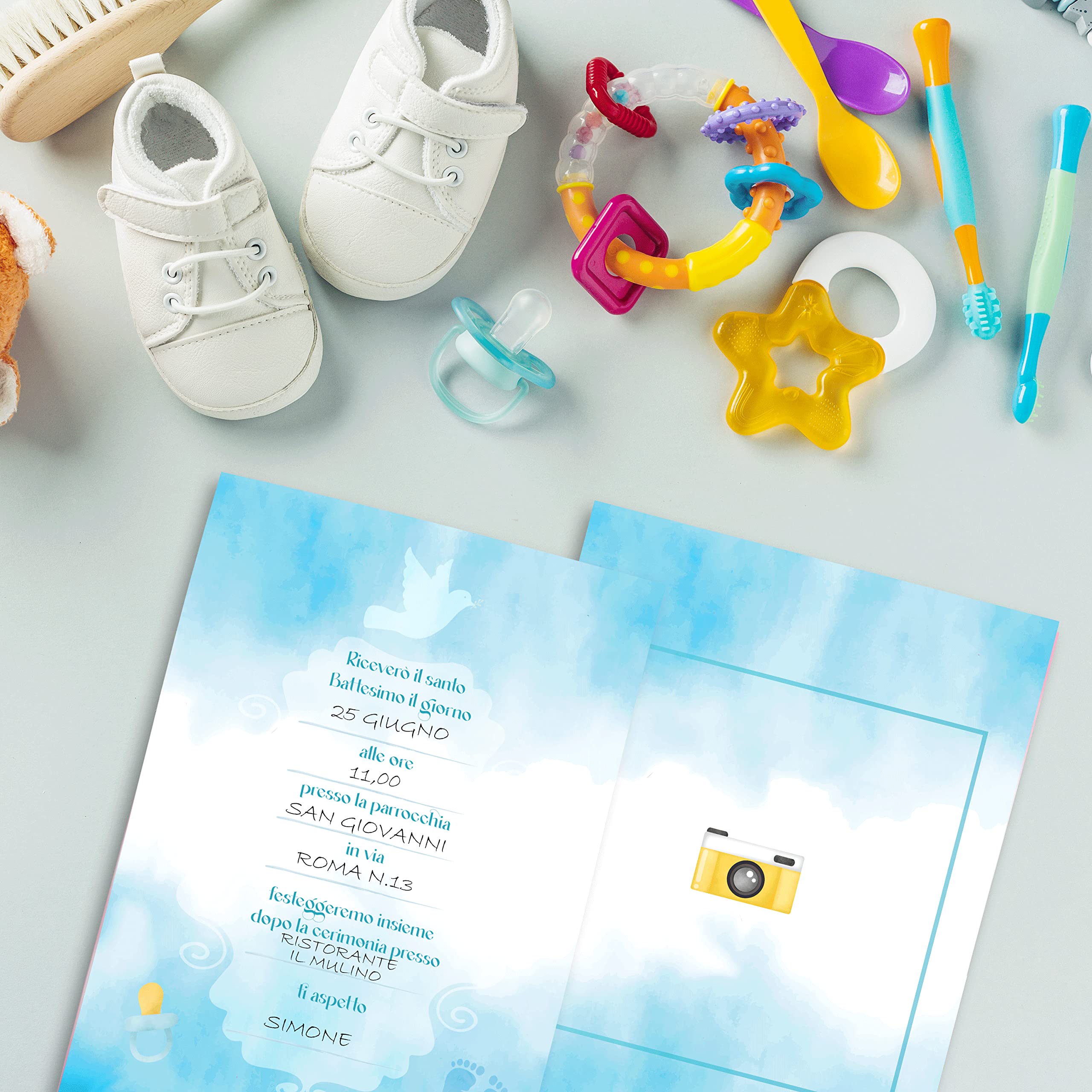 Inviti Battesimo Bambino - 32 Biglietti Partecipazione Eleganti Con Spazio Foto, Kit Completo Made In Italy - Foto 11