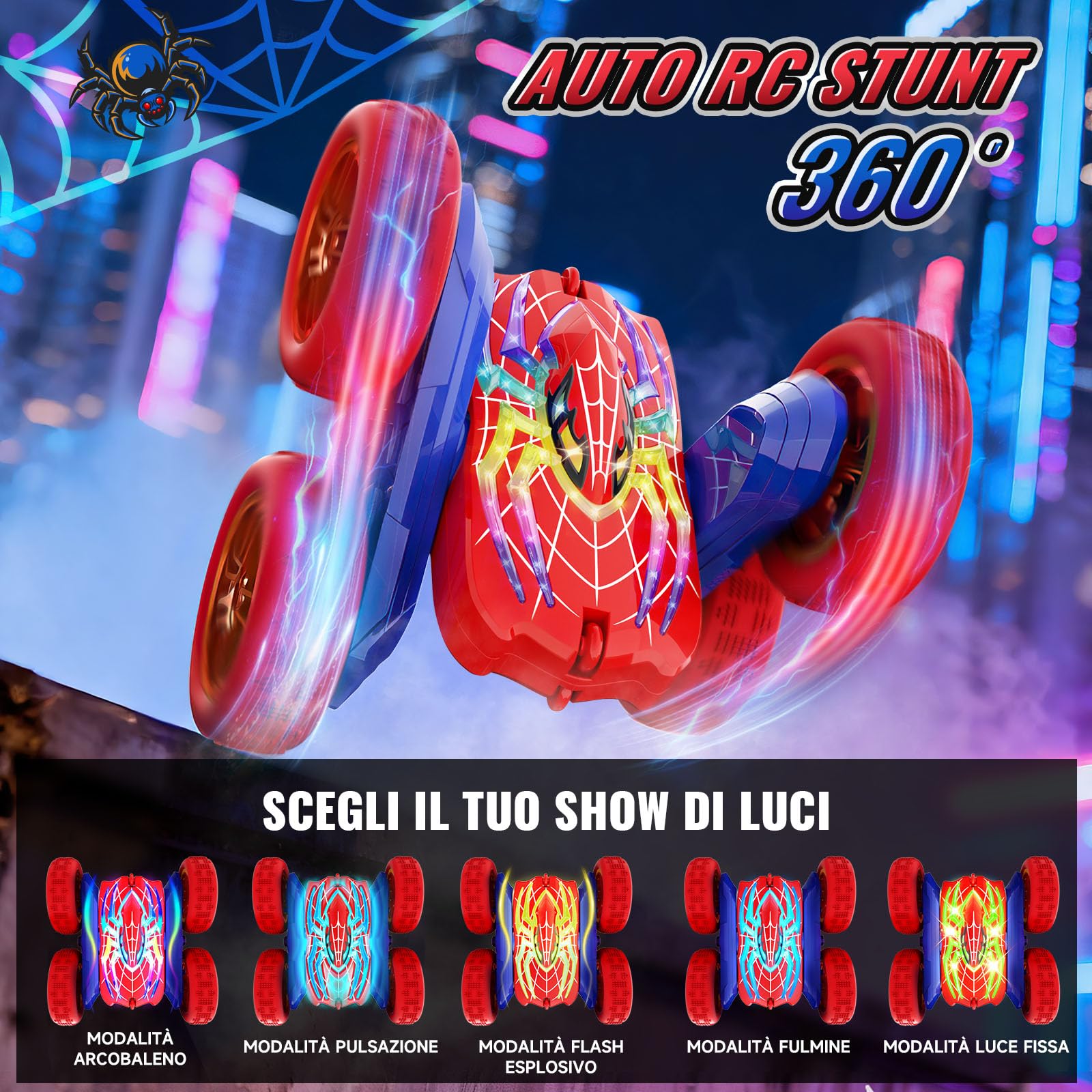 Macchina Telecomandata per 3-12 Bambini, 2.4Ghz 4WD Rotazione a 360° 5 Luci Fredde Modalità, Radiocomandata Acrobatica Truck, Giocattoli Gioco Regalo Natale Compleanno Ragazzi 3 4 5 6 7 8 9 10
