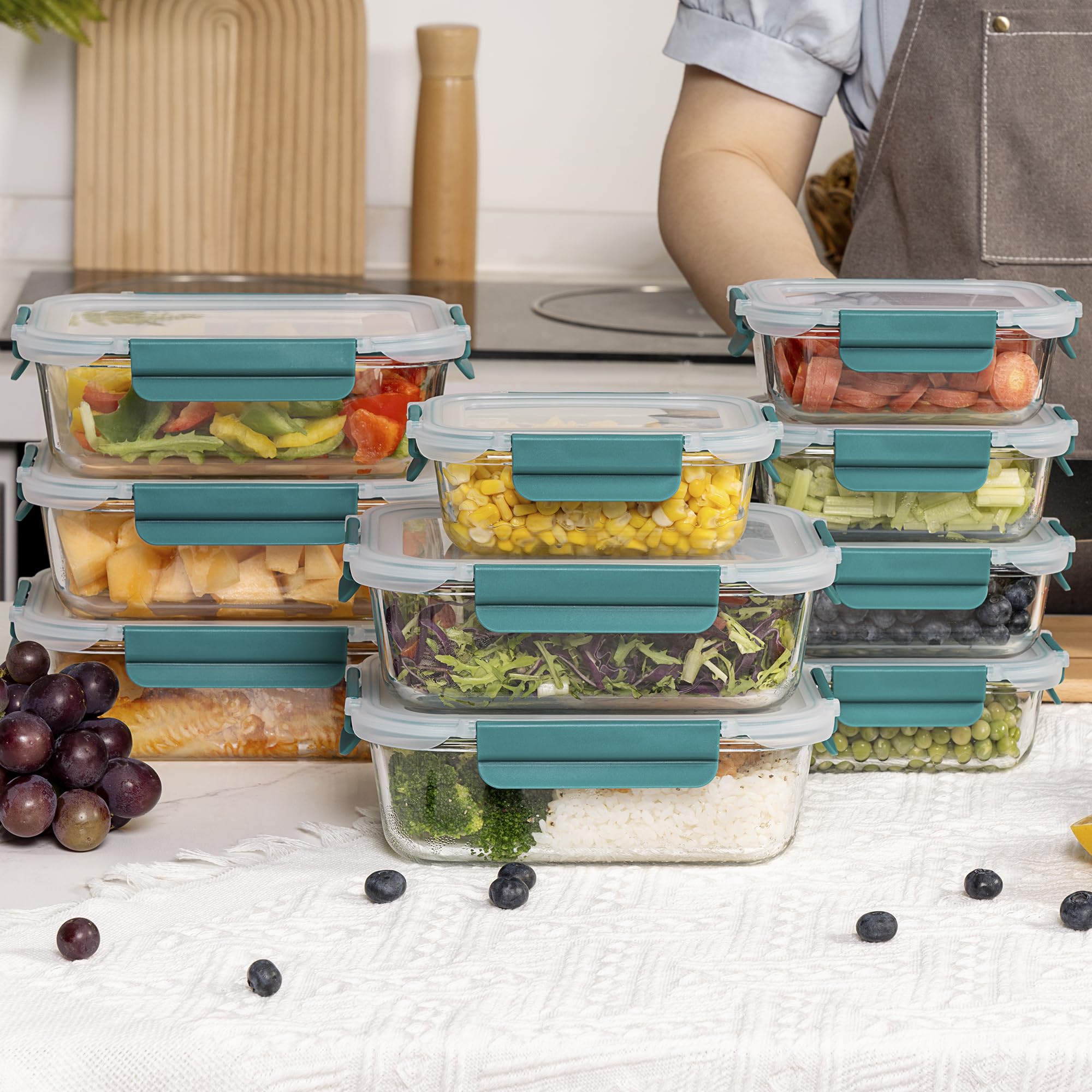 Juego de 10 recipientes de vidrio para almacenamiento de alimentos con tapas de cierre a presión, fiambreras para preparación de comidas con tapas herméticas, sin BPA, a prueba de fugas, aptos