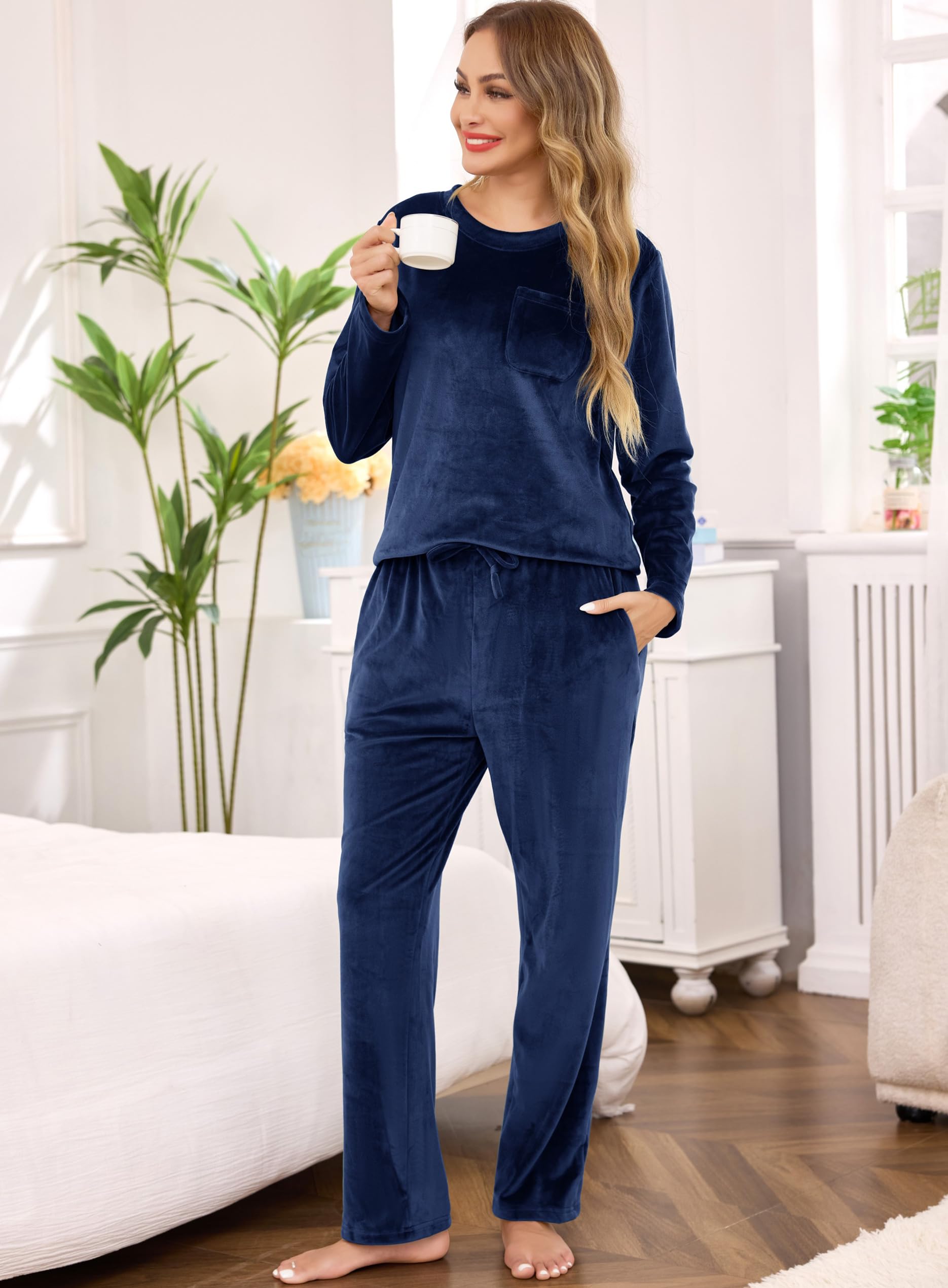 Lovasy Pyjama Femme en Polaire Douce Ensemble de Pyjama Hiver Chaud | et Moelleux Col Rond Vêtements de Nuit à Manches Longue avec Poches