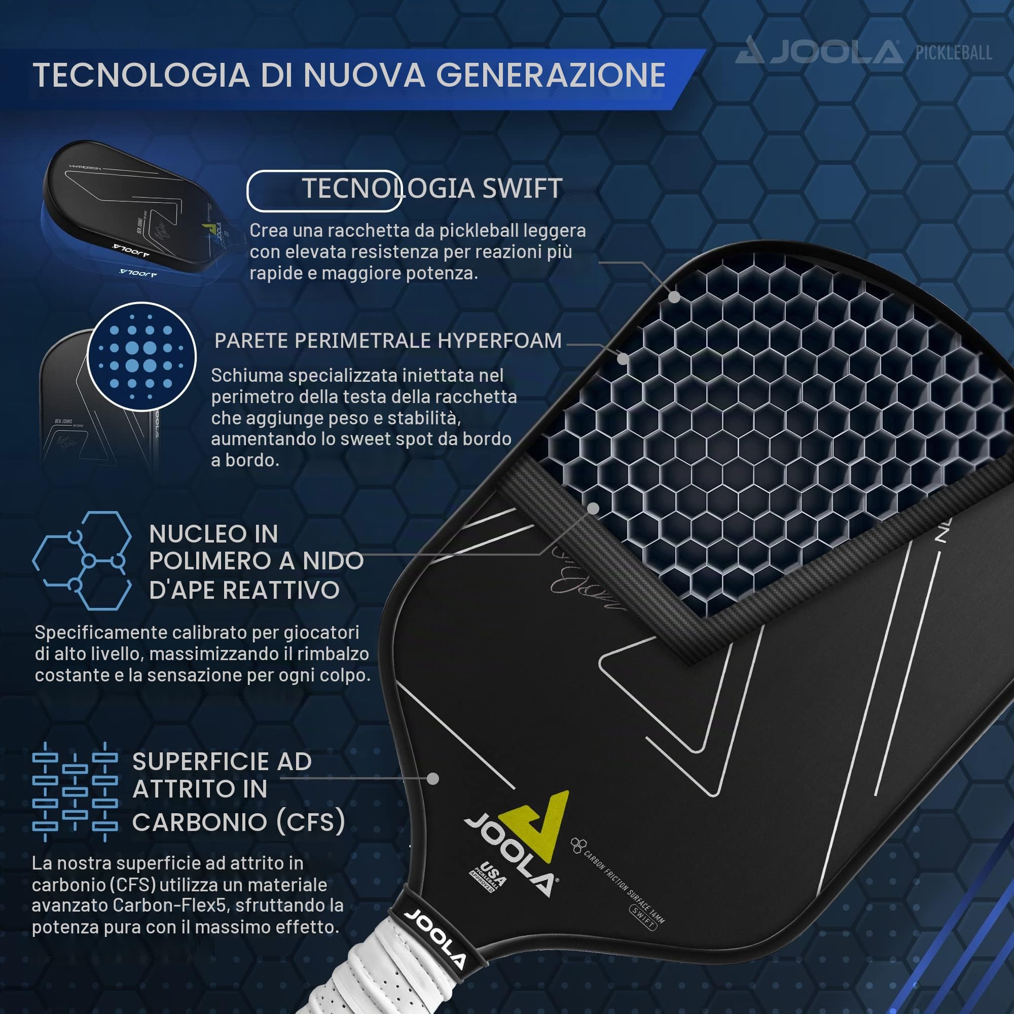 Joola Ben Johns Hyperion CFS 16 mm Swift Pickleball Paddel – USAPA zugelassen für Turnierspiele – Carbonfaser Pickle Ball Schläger – maximale Geschwindigkeit mit hoher Körnung und Spin