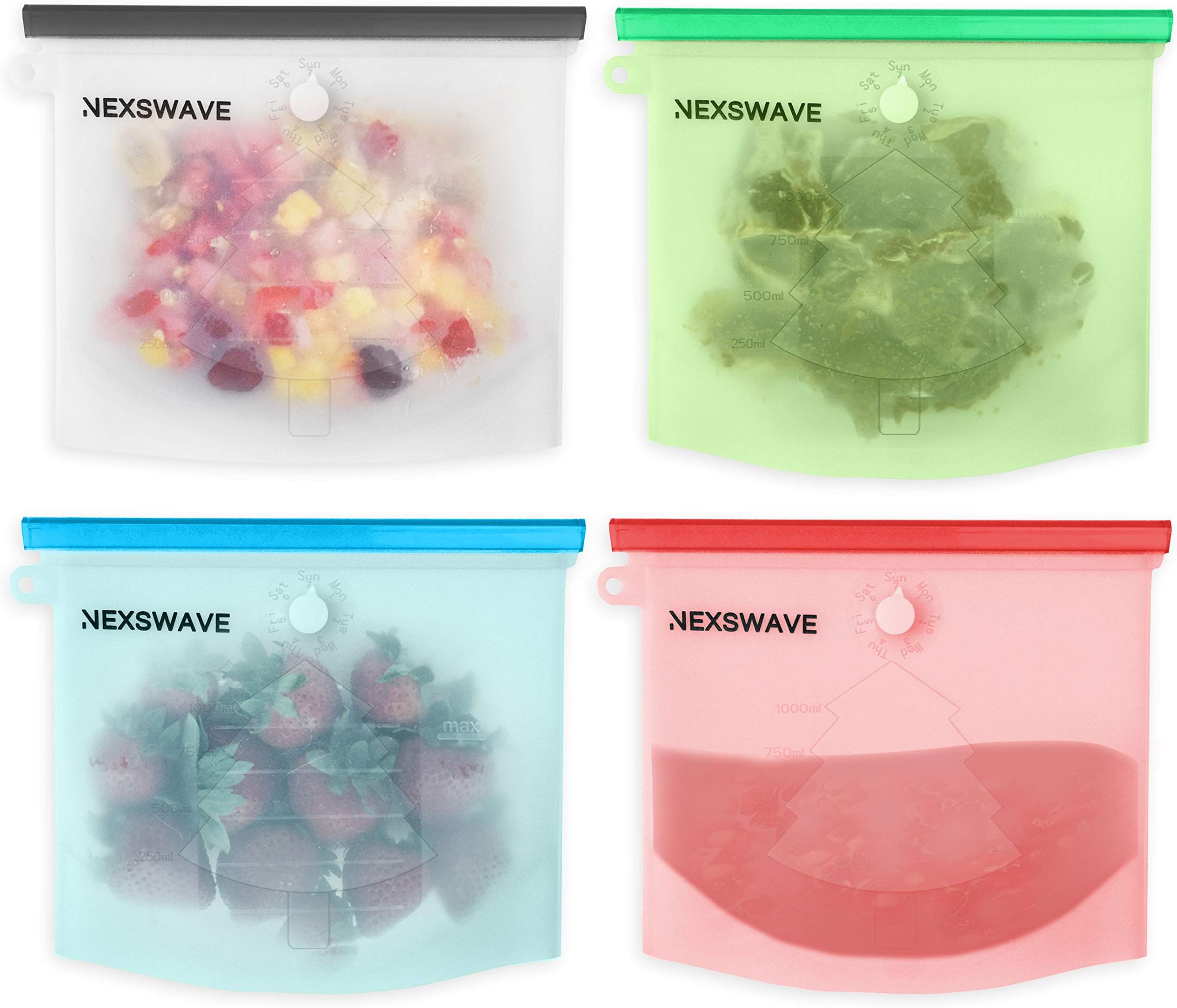 Reusable Silicone Food Bags Set Of 4 | Airtight Zip Seal Bags Keep Your Food Fresh. Bags For Cooking, Sous Vide, Lunch, Snack, Sandwich, Freezer | With Week Recorder