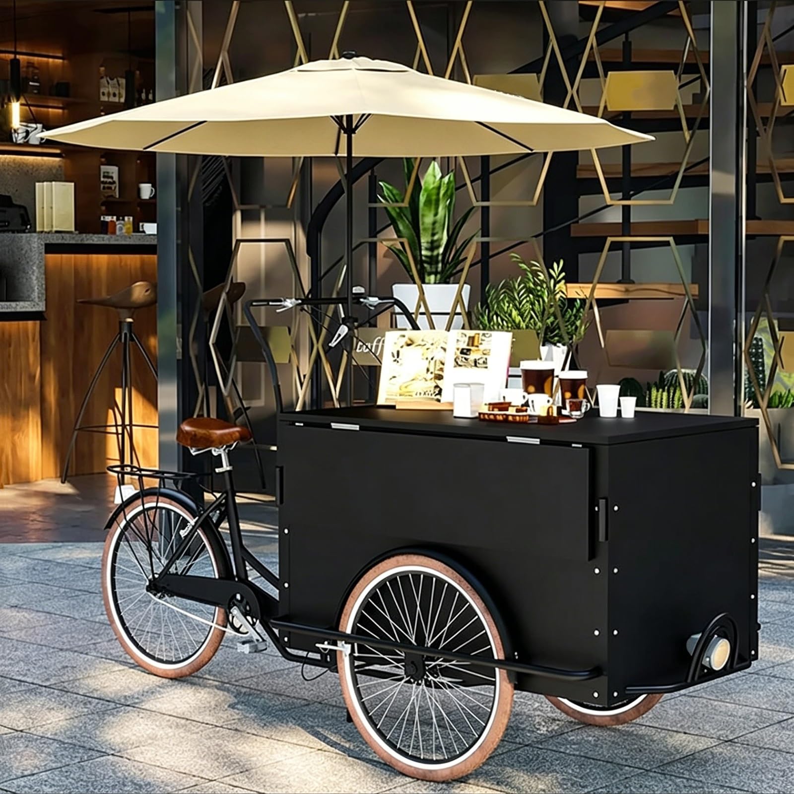 Carretto Portatile per Venditori Bicicletta, Carrello Del Venditore di Cibo con Ombrellone, Ideale Come Banco per Mercati Agricoli o Per la Vendita di Bevande, Pane e Snack Vari(Black)