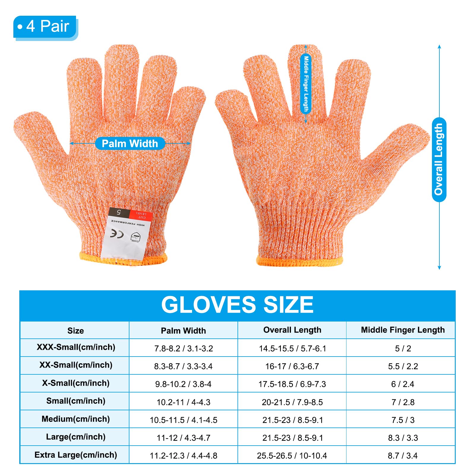 PATIKIL Cut Resistant Gloves, 4 Pair Level 5 Protection Anti Cutting Gloves for Kitchen Wood Carving Working X-Small, Orange - Image 2