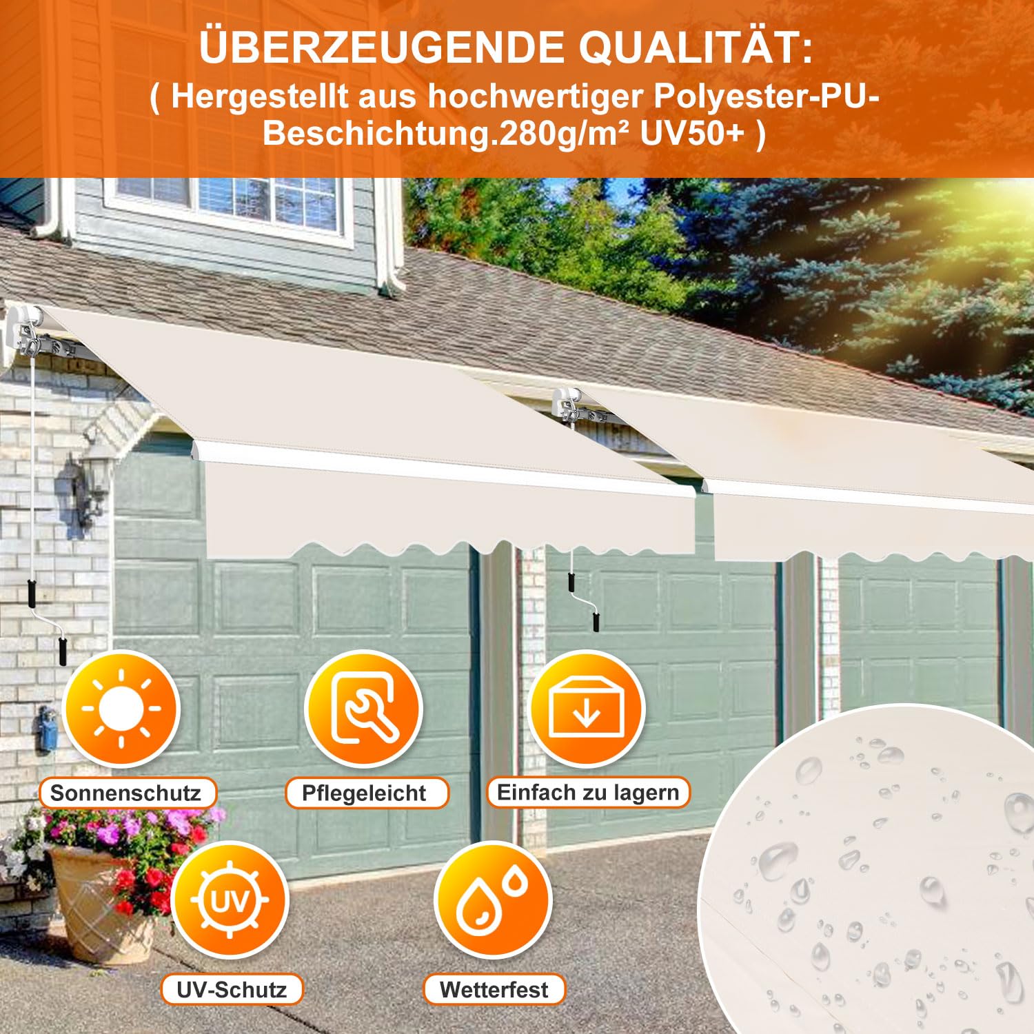 Fiqops Auvent manuel à bras articulés, 350 x 300 cm, protection solaire avec manivelle, anti-UV et imperméable, en aluminium/polyester, pour balcon, terrasse, jardin, beige