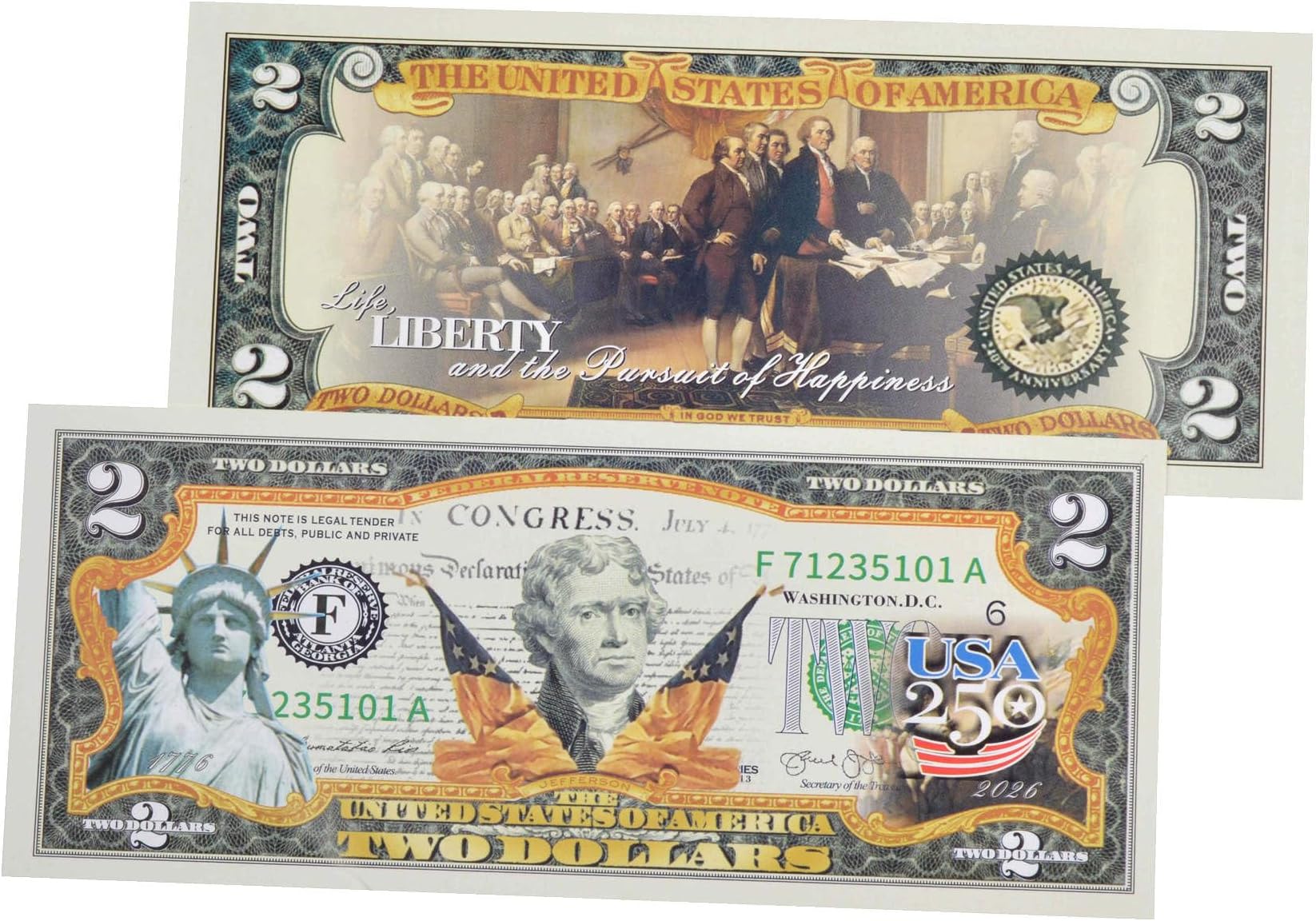 Declaration of Independence 250th Anniversary Collectible $2 Bill | Independence Day 2 Dollar Bill Uncirculated Commemorative Coin Collectibles