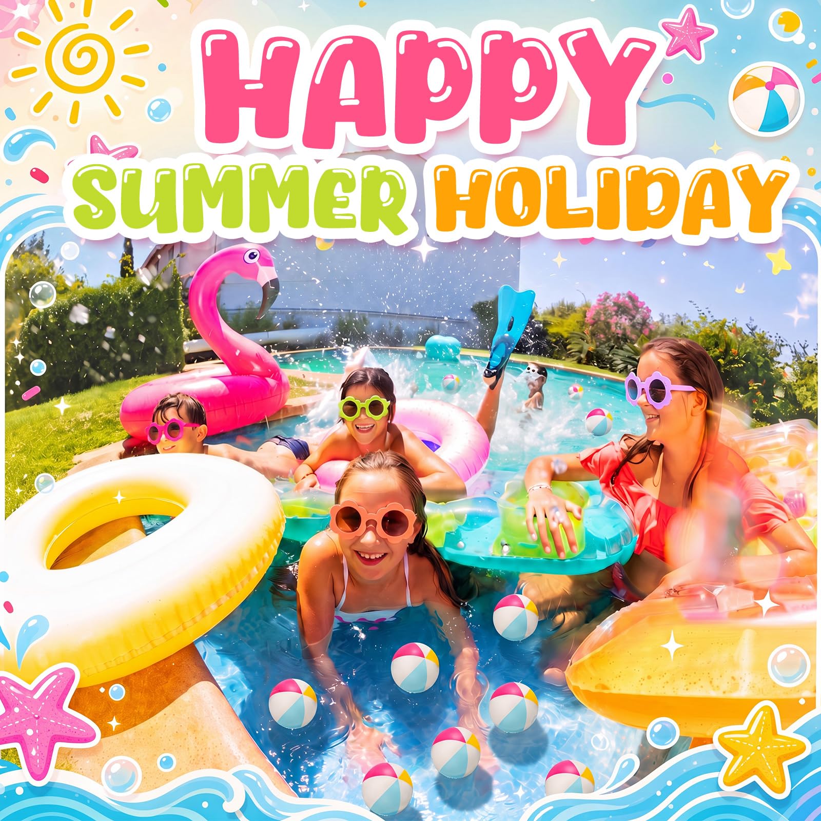 Jerify 48 palline da spiaggia antistress occhiali da sole all'ingrosso per feste estive in spiaggia bomboniere 24 mini palline da 6,3 cm in PU 24 occhiali da sole per bambini con fiori Goodie Bag