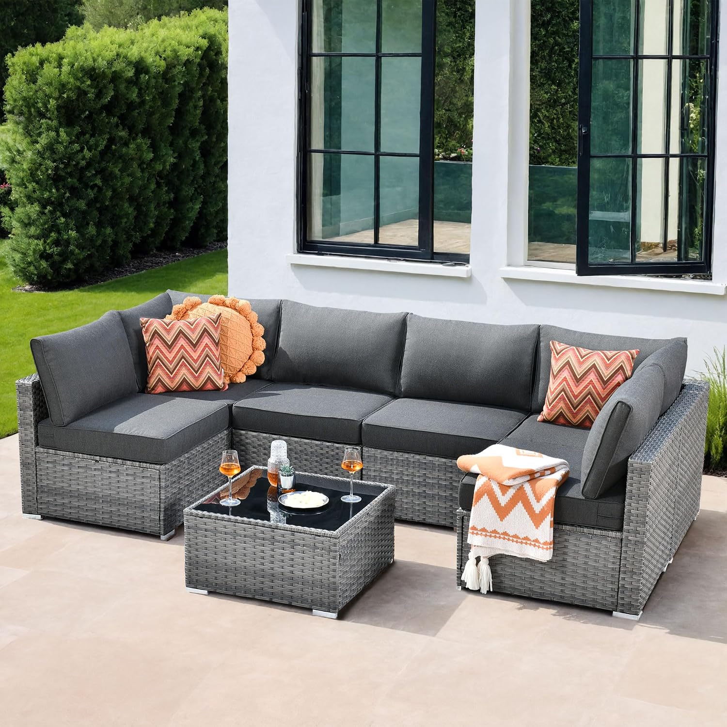 7 Pieces Patio Coversation Set, Outdoor Furniture Modular Couch with Coffee Table, Rattan Wicker Sectional Sofa for Porch Balcony Backyard, Blue