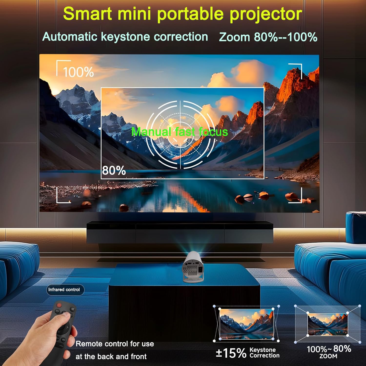 HY300 Projector with WIFI6 and Bluetooth, 4K 1080P Support Mini Portable Projector 180 Rotatable 150'' Screen Movie Projector Auto Keystone Compatible for Laptop, PC, Smartphone — Amazon image 5