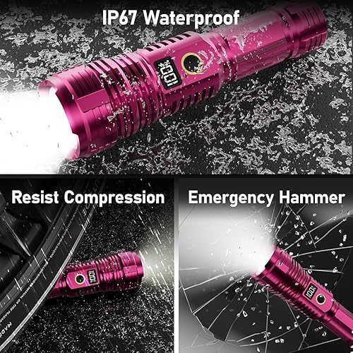 Miniatura 7 de Linternas recargables de alto lúmenes, luz LED súper brillante de luz de luz larga, linternas con zoom con pantalla digital LCD, 5 modos,