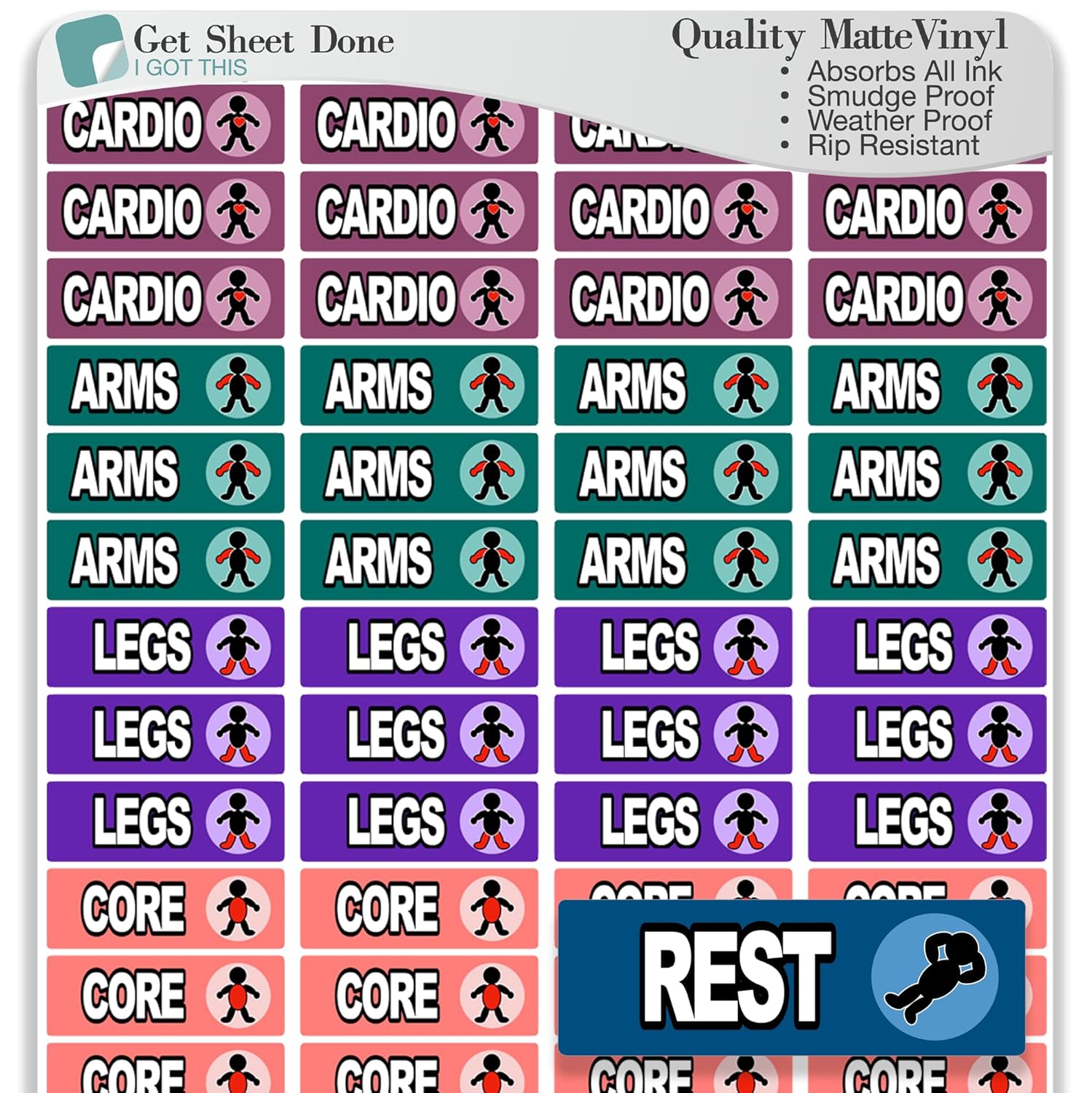 Workout Planner Sticker / 60 Fun Vinyl Stickers (3/4”)/Cardio legs arms rest core days rotation/Health Wellness Fitness Exercise/Essential Productivity Life Planner/Bullet Journaling (One Sheet)