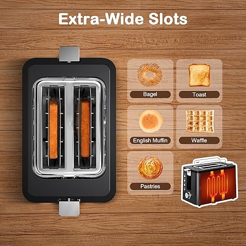 Miniatura 4 de Mecity Tostadora de 2 rebanadas de acero inoxidable con temporizador, funciones de bageldescongelaciónrecalentamientocancelación, rejilla de