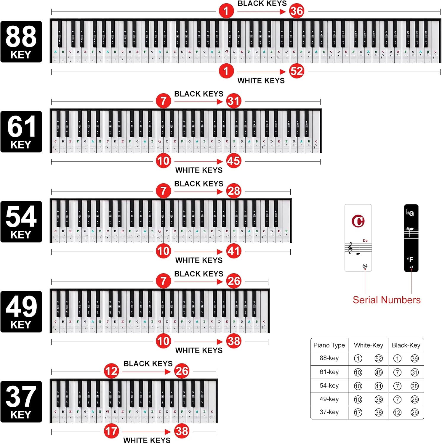 Piano Keyboard Stickers for 88/61/54/49/37 Key, Bold Large Letter Piano Stickers for Learning, Removable Piano Note Sticker Letters, Notes Label for Beginners and Kids, Multicolor thumbnail