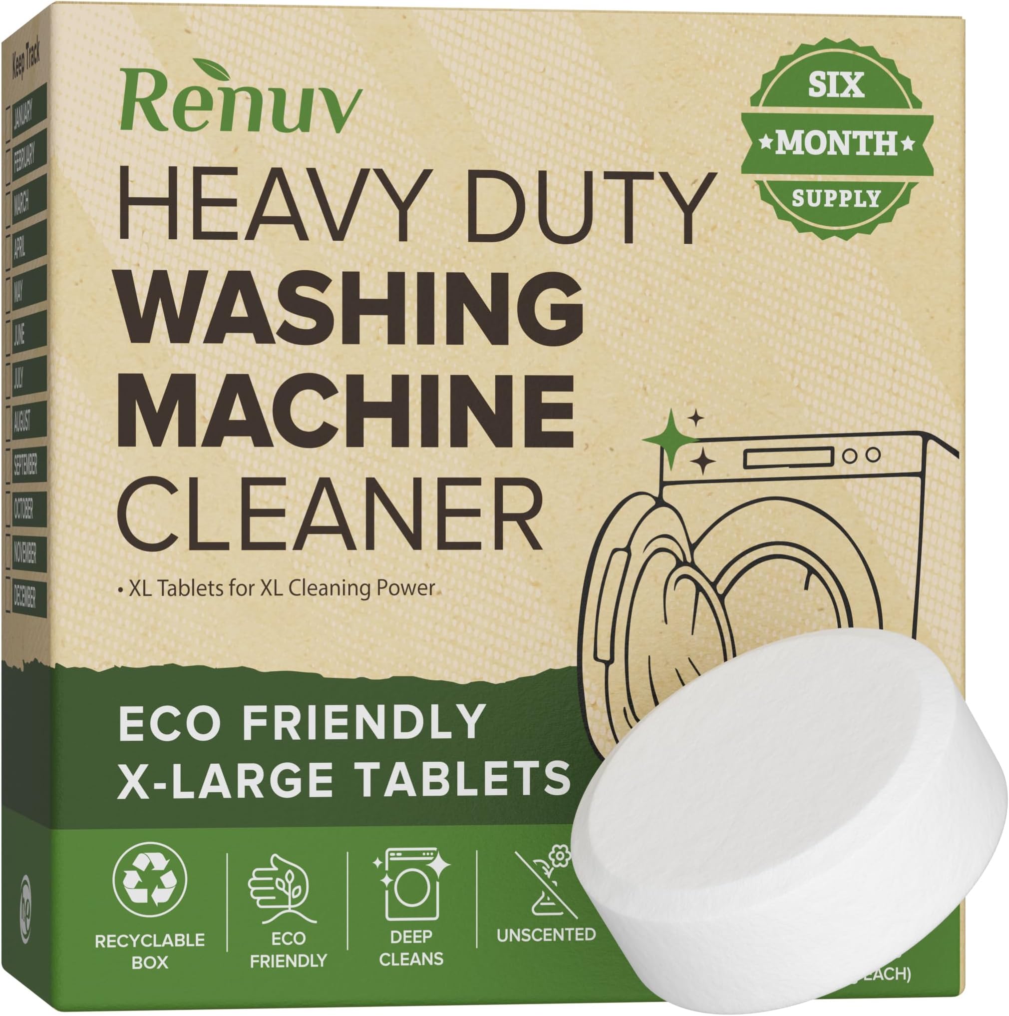Renuv Washing Machine Cleaner for Front Load, Top Load or HE, Slow Dissolving Huge 1180ml Eco Friendly Tablets for Maximum Effect Deep Clean Your Washer Where Others Fail