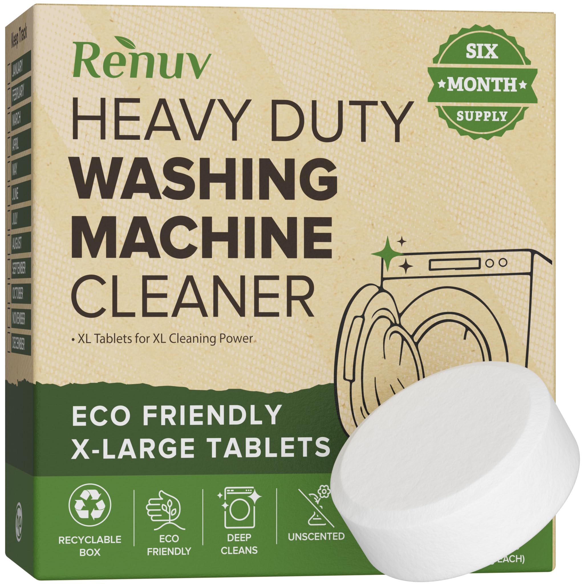Renuv Heavy Duty Washing Machine Cleaner Descaler Tablets - for Front Load, Top Load Washer, HE (6 XL Tablets - 6 Months Supply)[Amazon-developed Certification] Compact by Design