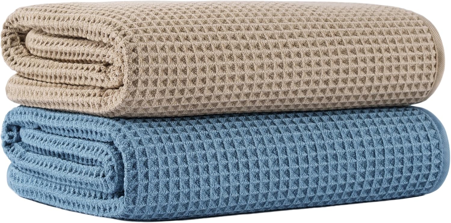 MICROFI New Microfiber Waffle Bath Towels, 2 Pieces, Soft, Absorbent, Fast Drying, Lint Free 430 GSM (Beige+Blue)