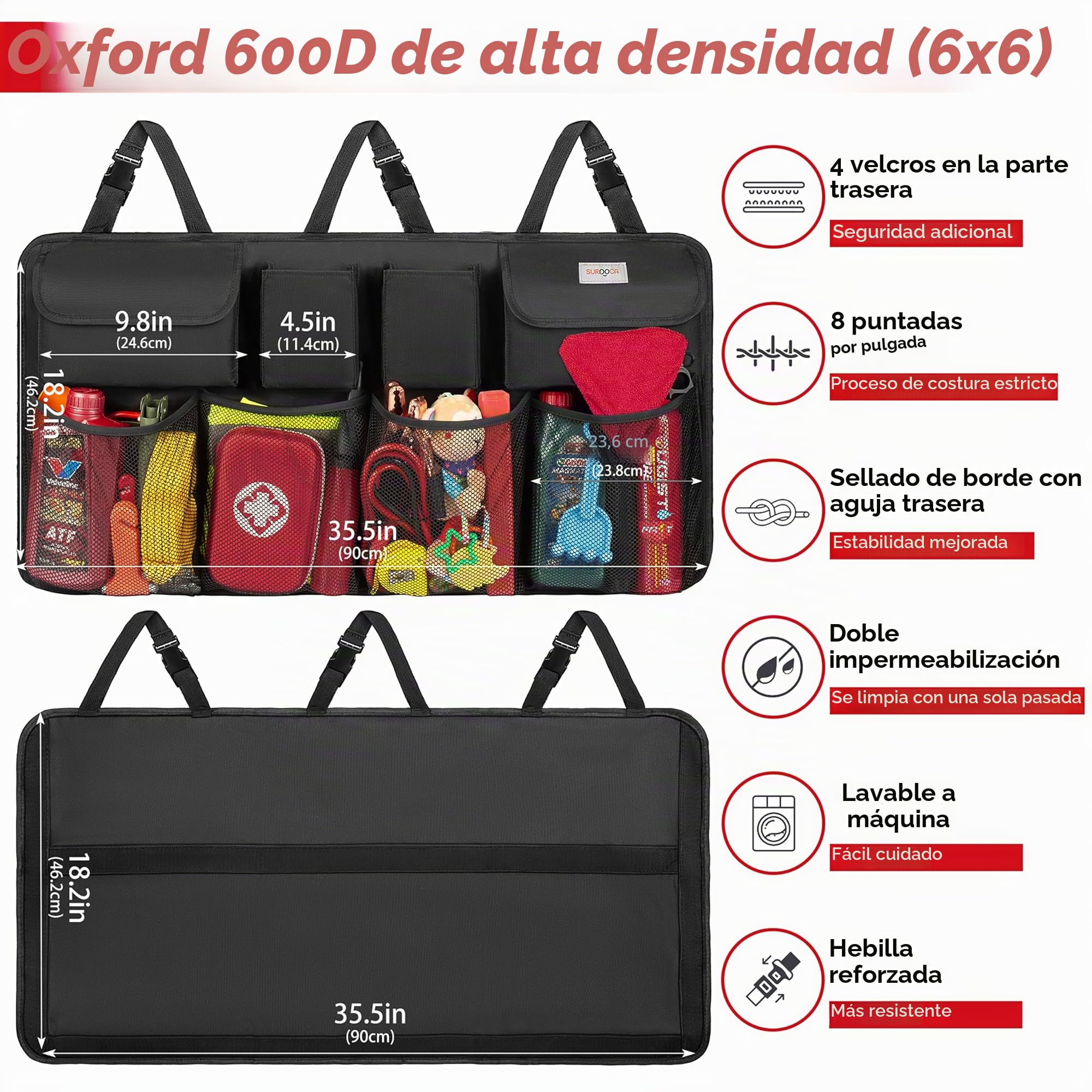 SURDOCA Organizador Coche, 4 Gen 110 * 48 cm Capacidad Extra Grande - XL, Organizador para Colgar en el Asiento Trasero del Coche, Experto en Ahorro de Espacio, Negro