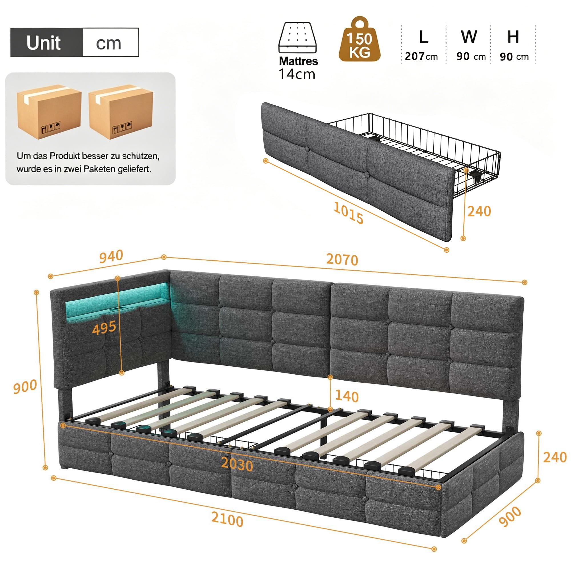 DULRLLY sofa do spania 90 x 200 cm z półką do przechowywania, tapicerowana sofa z oświetleniem LED i portami USB, nowoczesne łóżko piętrowe dla 1 osoby, wielofunkcyjne łóżko 90x200 z stelażem, pościel