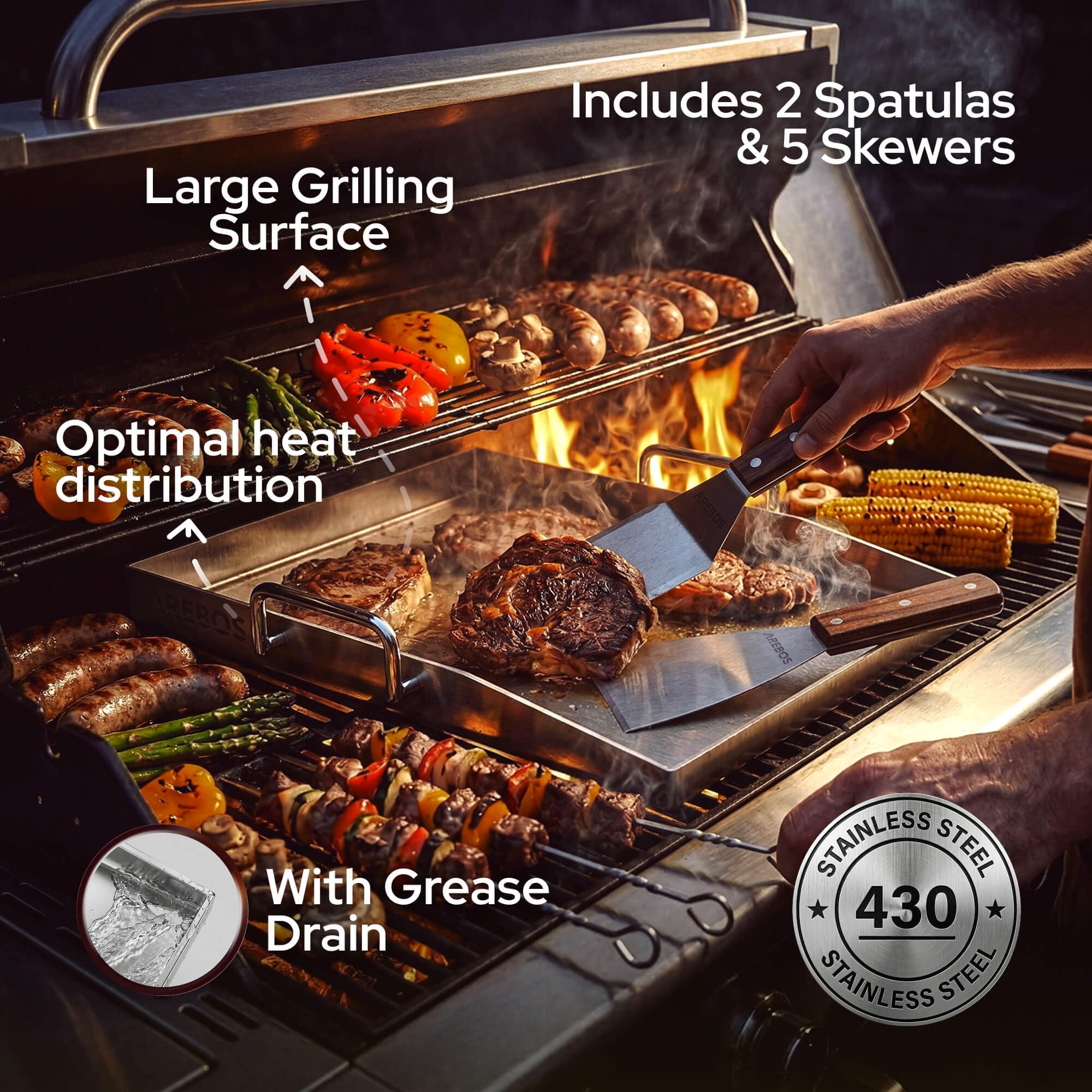 Arebos Płyta Grillowa ze Stali Nierdzewnej 40x30 cm | Plancha do Grilla Gazowego i BBQ | Grubość 4 mm | Odporna do 800°C | Odpływ Tłuszczu | 2 Szpatułki i 5 Szaszłyków w Zestawie