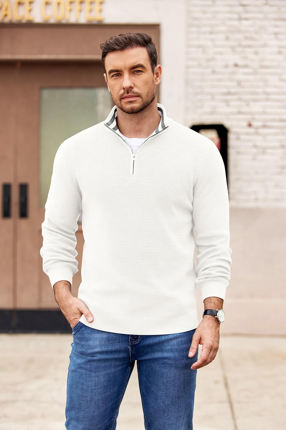 COOFANDY Mens Quarter Zip Pullover Slim Fit Lightweight Sweater Casual Mock Neck Knit Polo Sweater - Image 2