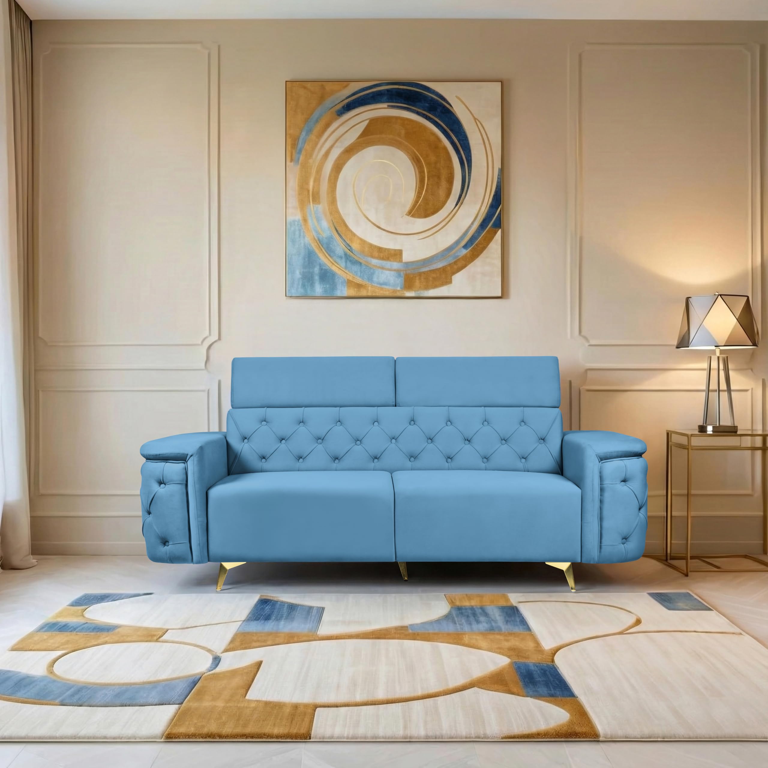 Seventh Heaven Rome 3 Seater Sofa | Adjustable Headrest for Custom Support | Extra Spacious Couch with Metal Legs | Suitable for Living Room & Office | (Plush Suede - Sky Blue)-image-39